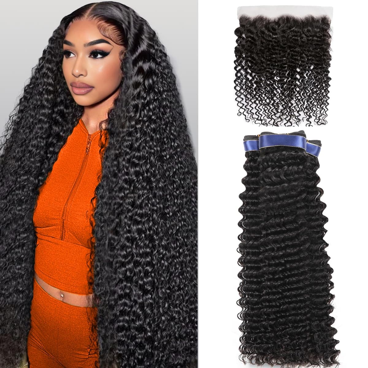 Tanduca Bundles de Cabello Humano Deep Wave 3 Paquetes + Frontal 13x4 HD (36/38/40+22) Wet & Wavy, Negro Natural