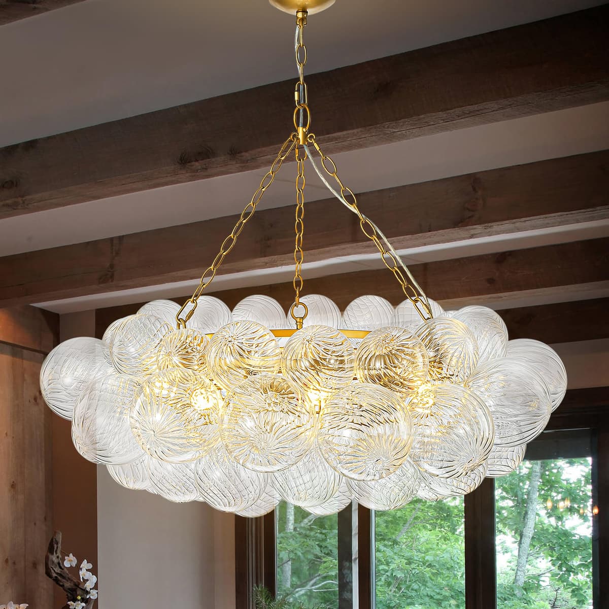 BeyPan 52" Ring Bubble Ball Chandelier Extra Large en Dorado con Globos de Vidrio Estriado BP1599-140DIA