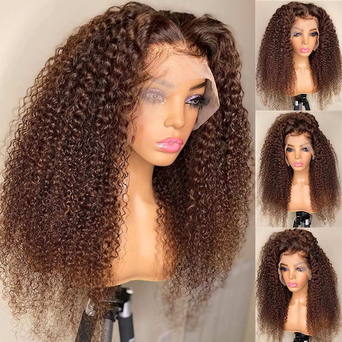 Imeya Wig Kinky Curly 13x6 Lace Front Humano 22 Inch, 150% Densidad, Castaño Oscuro ze2112180104wln