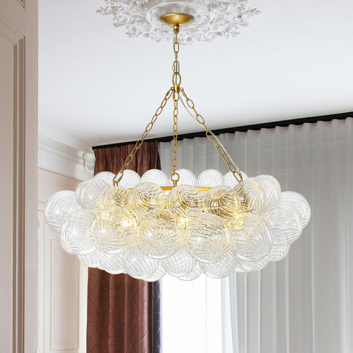 BeyPan 40" Ring Bubble Ball Chandelier Extra Large en Dorado con Globos de Vidrio Estriado BP1599-100DIA