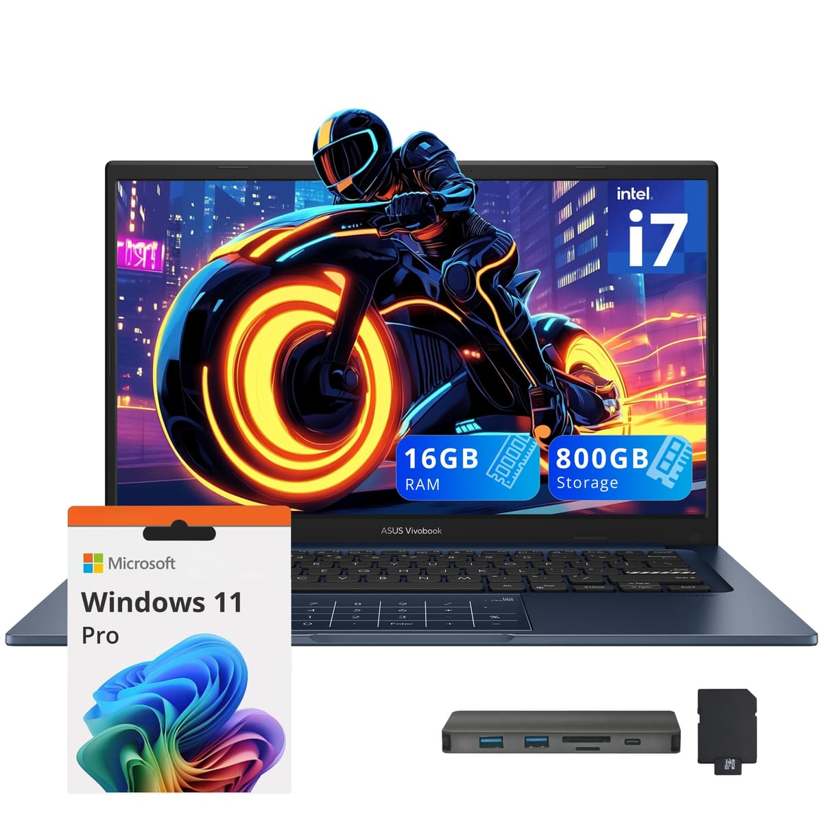ASUS Vivobook 14 14" FHD Laptop empresarial, Intel i7-1355U, 16GB RAM, 800GB de almacenamiento (512GB SSD + 288GB set de estación de acoplamiento), Intel UHD Graphics, webcam HD, Wi-Fi, Bluetooth, Windows 11 Pro, Azul Quiet