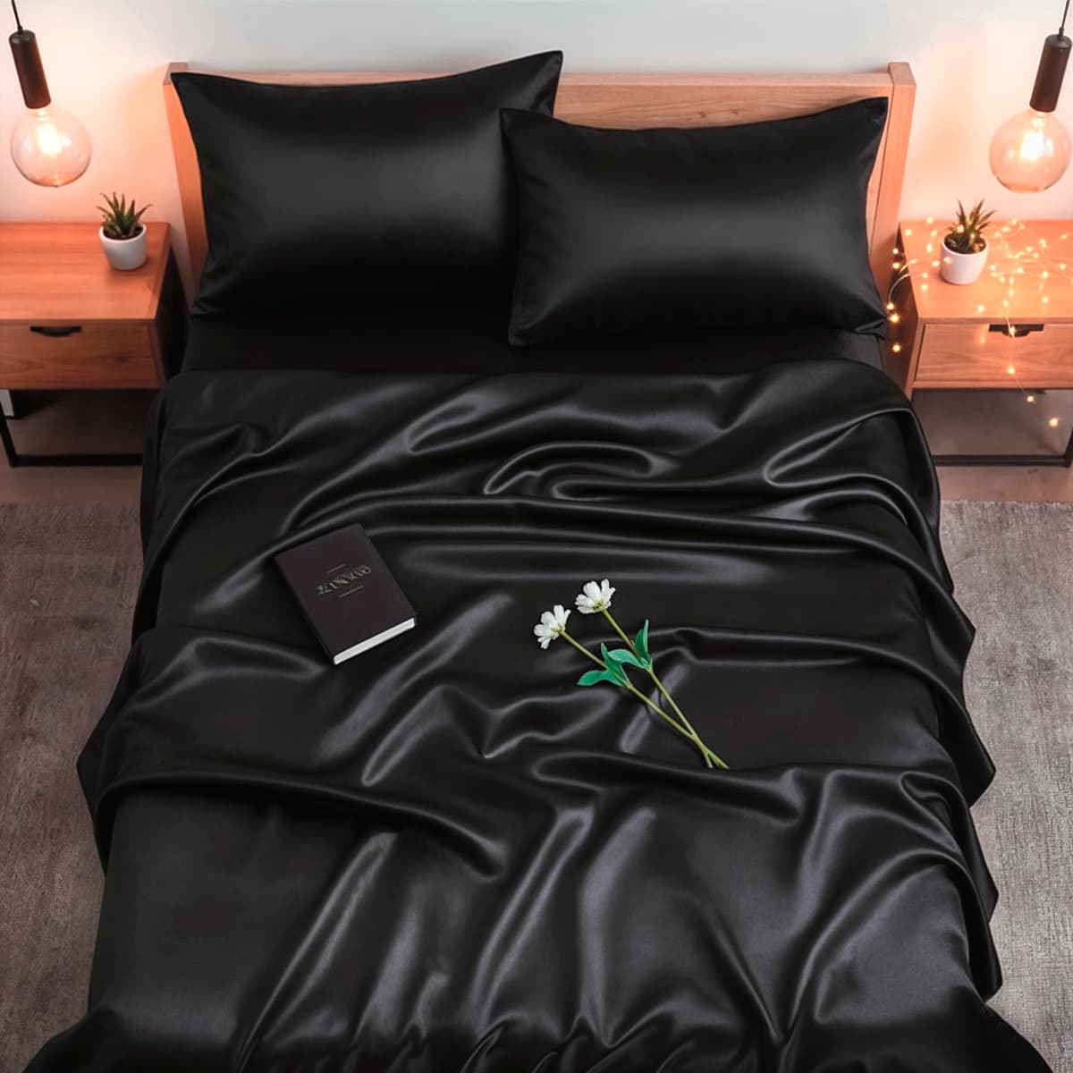 Colorado Home Co SUNDAYSILKS Juego de sábanas de seda Mulberry 4 piezas King [Midnight Black]