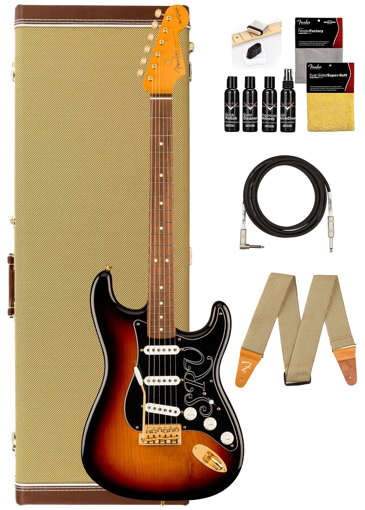 Fender Stevie Ray Vaughan Stratocaster - 3-Color Sunburst Bundle con estuche tweed, cable, correa y kit de limpieza AUS-0109200800-COMBO-DLX
