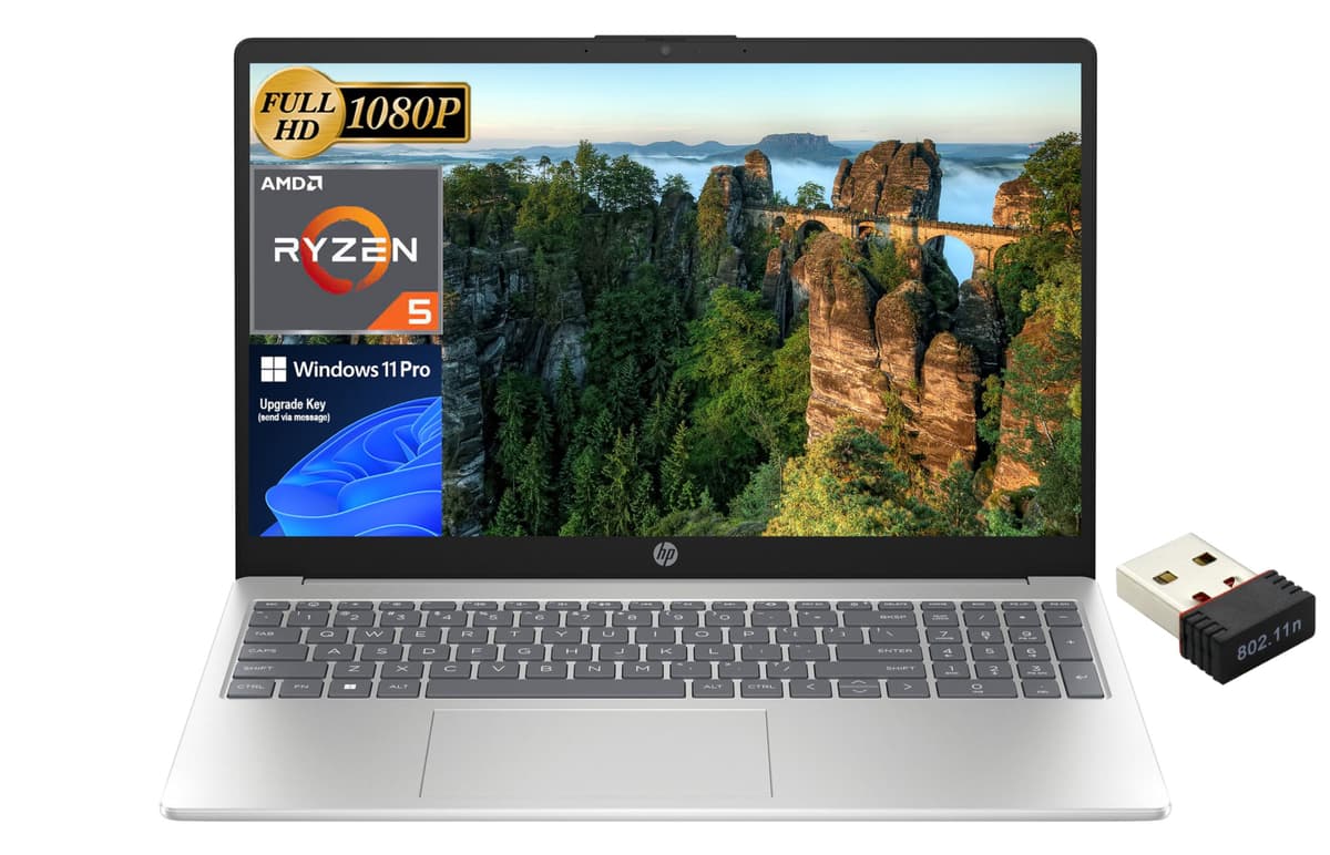HP 2024 Nueva Laptop Empresarial, Pantalla FHD de 15.6", AMD Ryzen 5-7520U (4 núcleos), 16GB DDR5, 256GB SSD, Gráficos AMD Radeon, Webcam HD, Wi-Fi 6, Carga Rápida, Windows 11 Pro, con Adaptador USB Wi-Fi HP Laptop