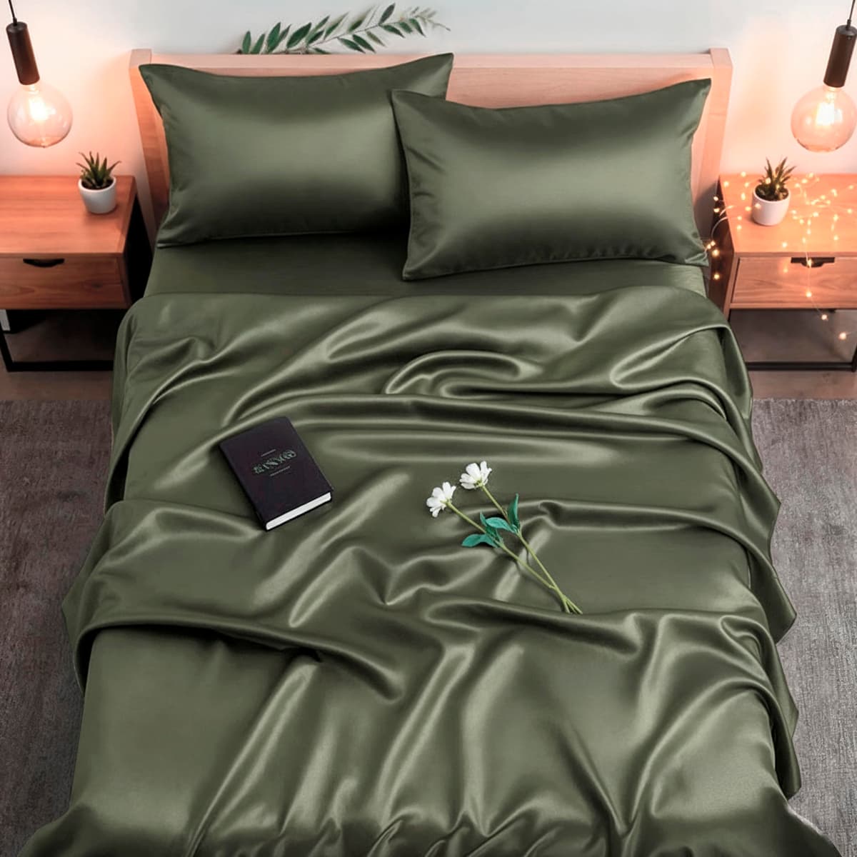 Colorado Home Co SUNDAYSILKS 4PC Sábanas de Seda Mulberry King Color Olive