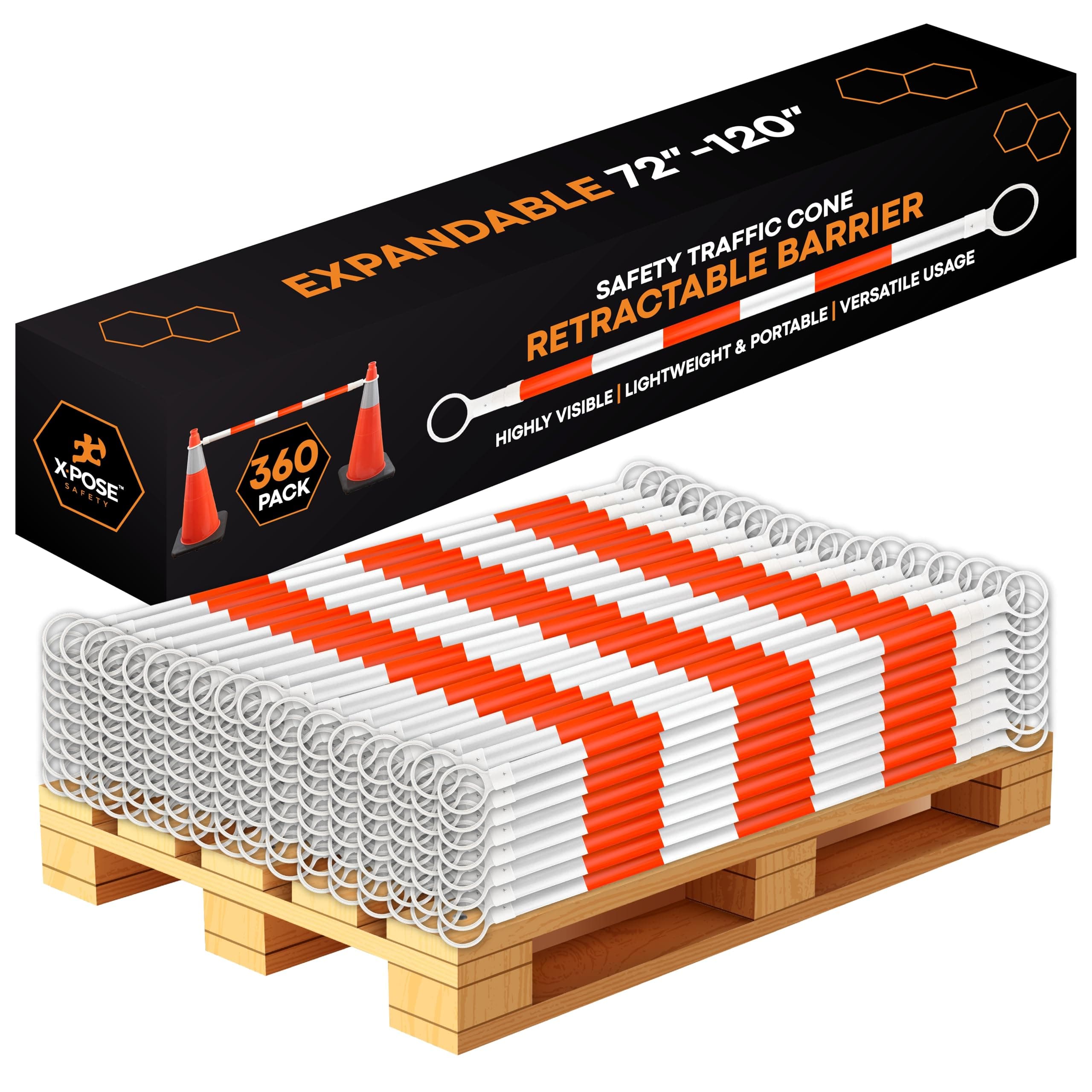 Barrera retráctil reflectante Xpose para conos de tránsito - Paquete a granel de 360, media tarima, naranja/blanco, extensible 72″-120″ para construcción, estacionamiento y control de multitudes CBY-CBO-PARENT