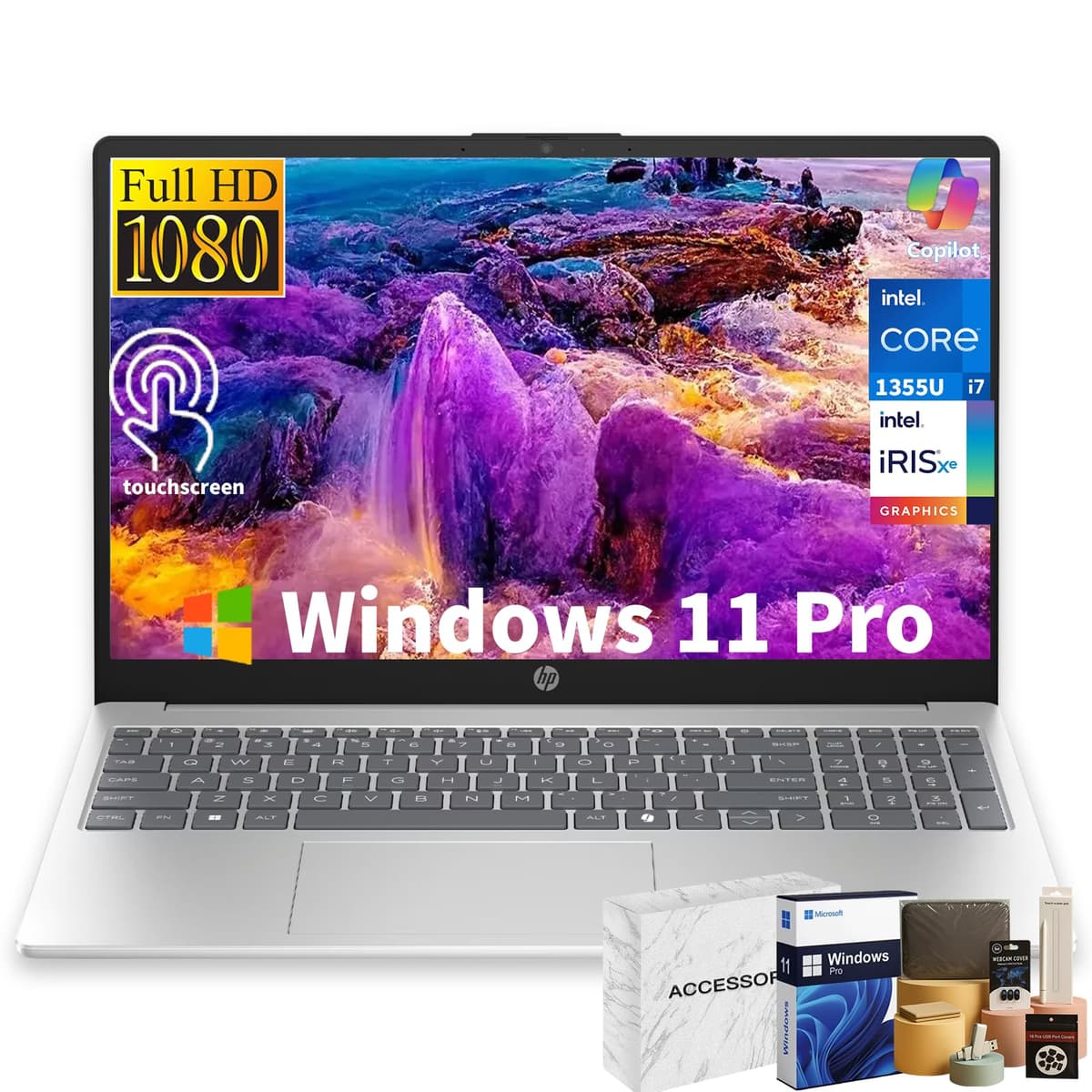 HP Laptop táctil 15" - 15.6" FHD IPS, Intel i7-1355U 10 núcleos, 64 GB RAM + 2 TB SSD, Intel Iris Xe, teclado numérico, Wi-Fi 6, Copilot AI PC, Windows 11 Pro, con accesorios HP Touchscreen Laptop