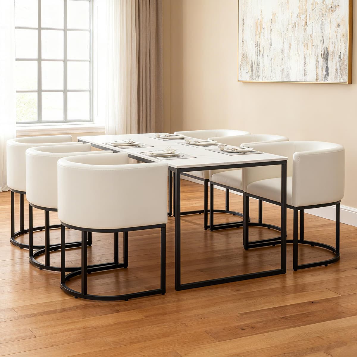 RIVOVA Juego de 6 Sillas de Comedor Tapizadas estilo Barrel con apoyabrazos, PU blanco RIVOVA-CH-001
