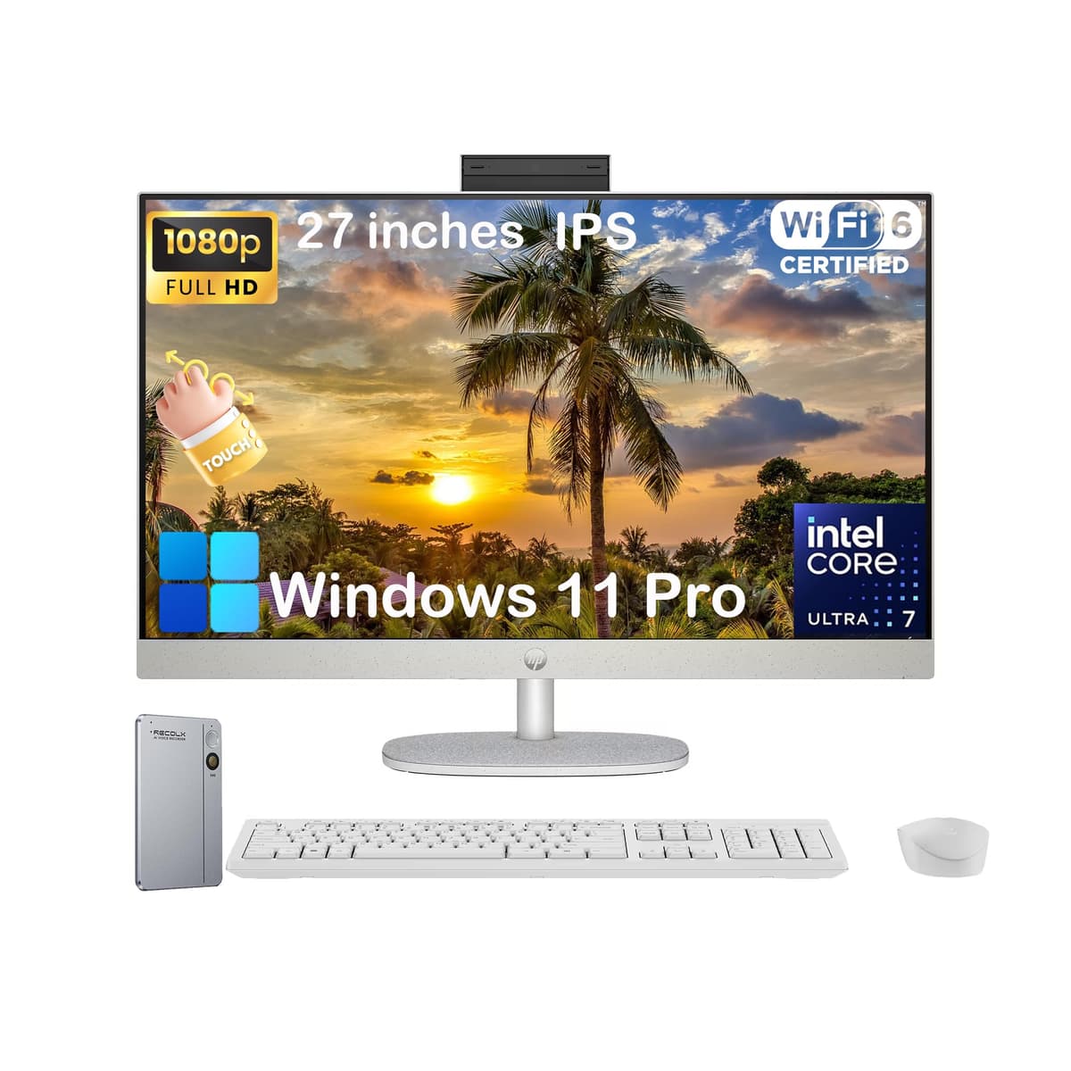 HP All-in-One táctil de 27", Intel Ultra 7 255U, pantalla táctil FHD antirreflejo de 27", 64 GB DDR5, SSD de 4 TB, Intel AI Boost (12 NPU Tops), Windows 11 Pro, teclado y mouse inalámbricos 27-cr2067c