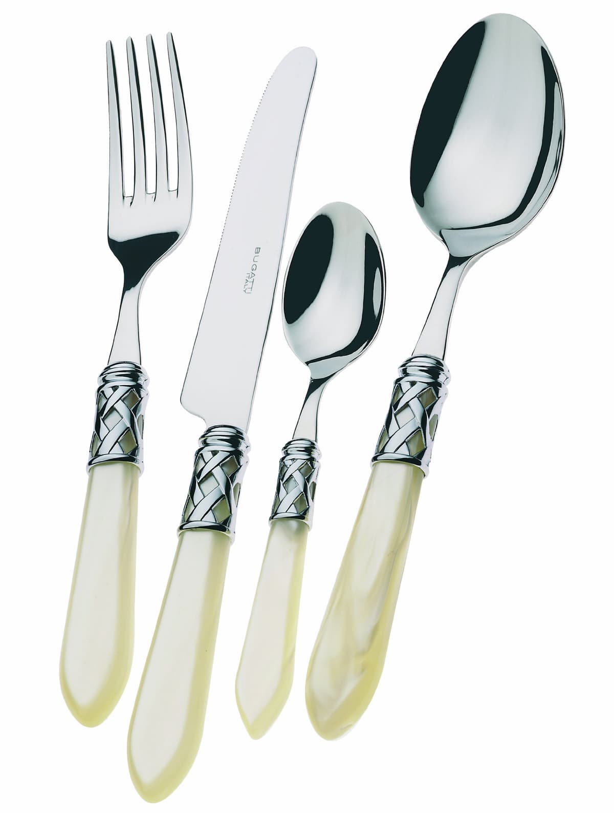 BUGATTI Juego de 24 piezas de cubiertos, Acero inoxidable 18/10, Pulido, Resistente al óxido, Apto para lavavajillas, Incluye 6 cucharas de mesa, 6 tenedores de mesa, 6 cuchillos de mesa, 6 cucharitas de café ALCAM-S4250