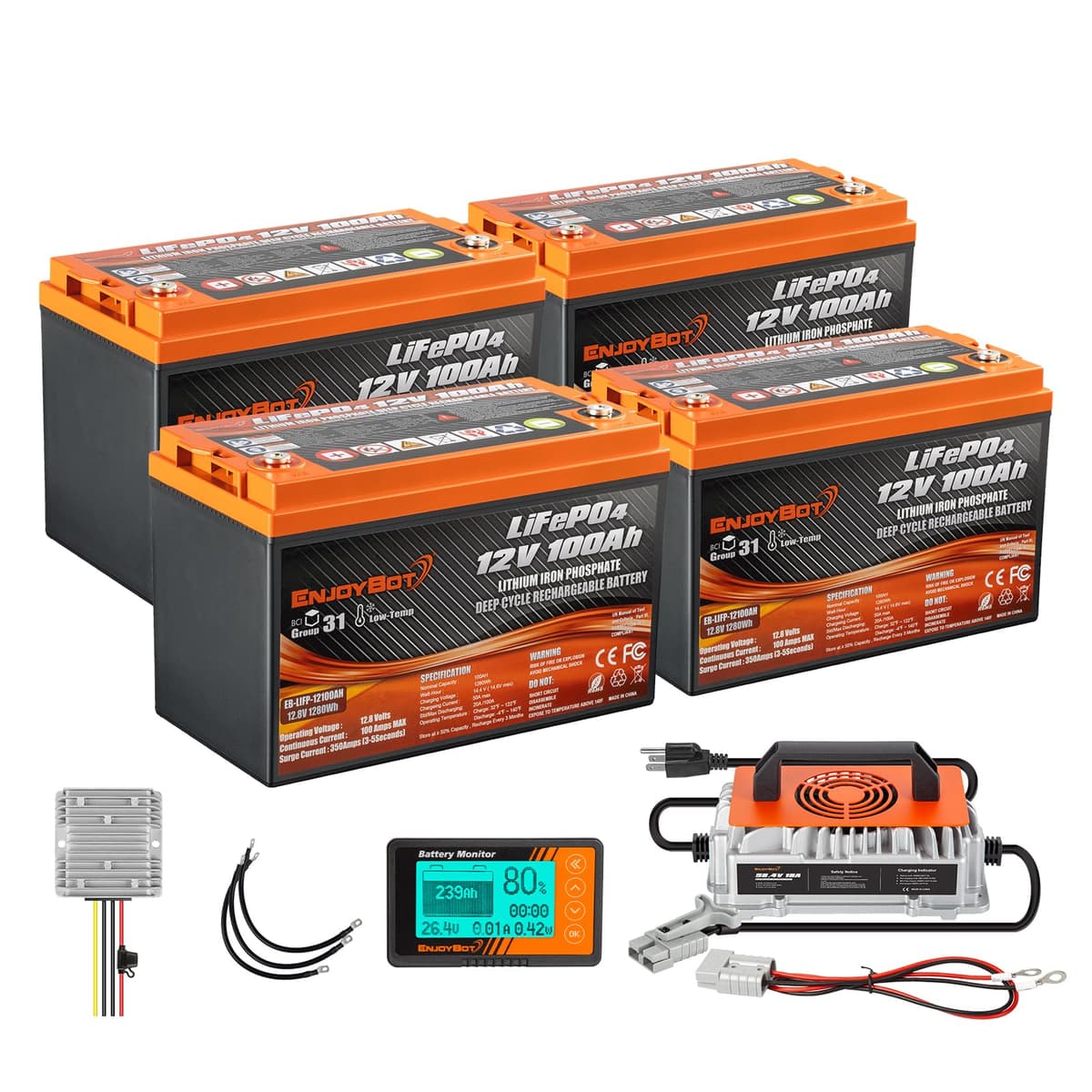 Kit de conversión Enjoybot 48V 100Ah LiFePO4 para carrito de golf - 4x 12V Group 31 con BMS 100A 48V 100Ah Golf Cart Battery Kit