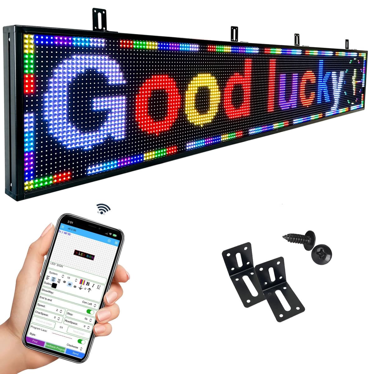 HIJH SAIL P10 Cartel LED programable para exteriores 77"x14" - Pantalla digital con WiFi y alto brillo YFHJ-P10-6X2