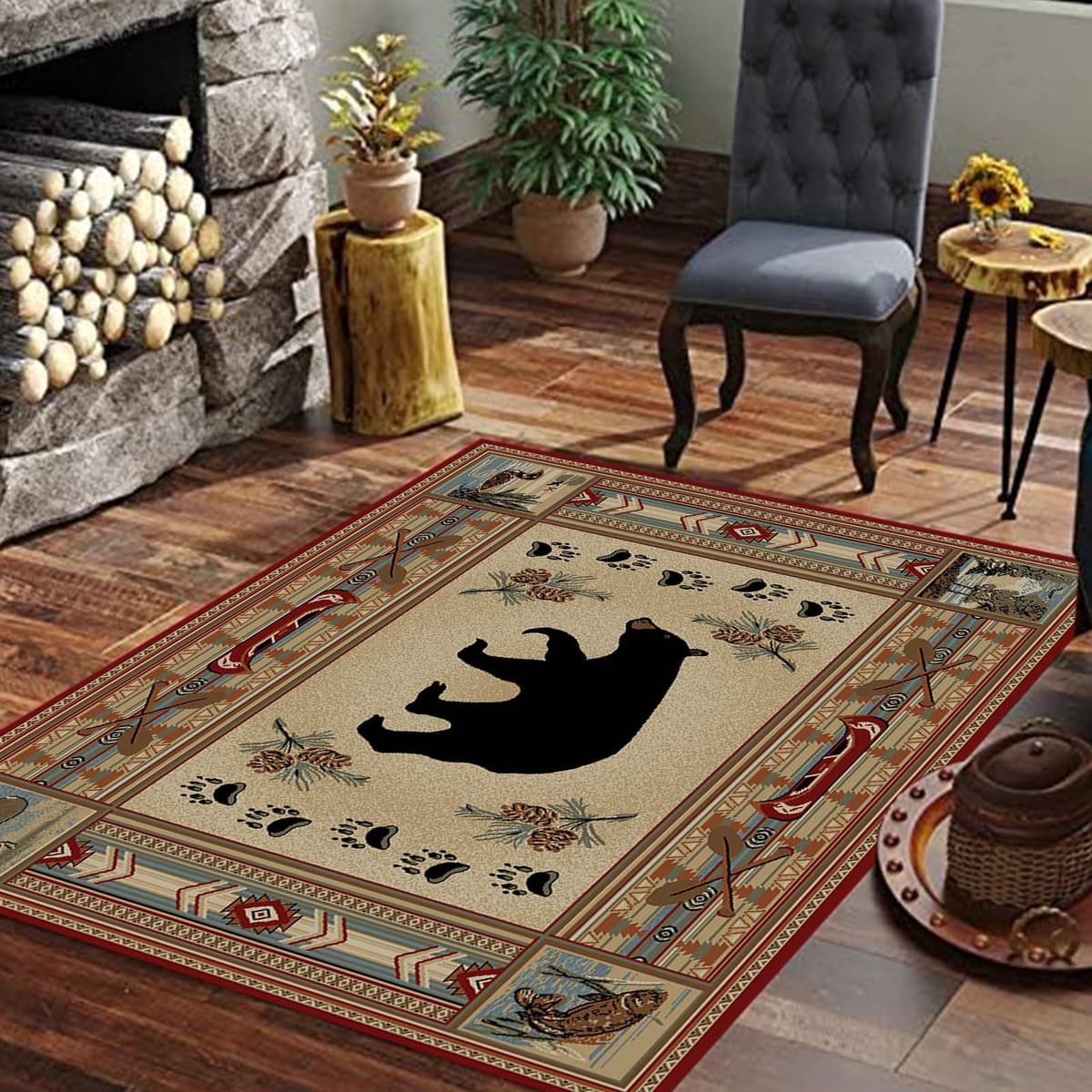 Mothy HR-Cabin Alfombra estilo cabaña 9x12ft - diseño rústico con motivos wildlife