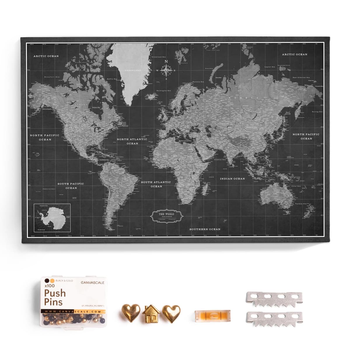 CANVASCALE Mapa mundial en lienzo con tablero de corcho para pines (150x100 cm, Patrón 7) world_map_new_150x100_7