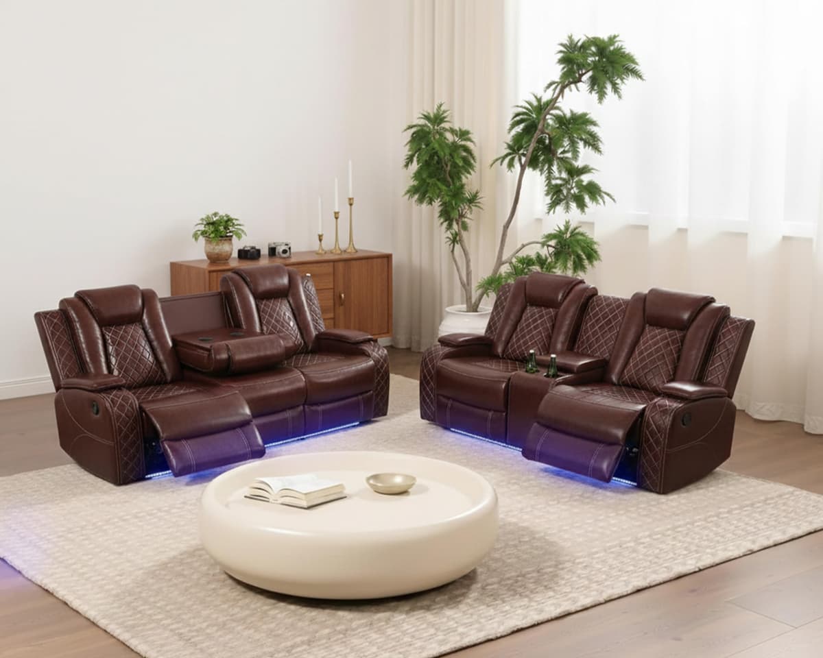 Plithzy Power Sofá reclinable y Loveseat, Conjunto de sala de cuero transpirable 2 piezas, Sofá reclinable y conjunto de loveseat con LED/puerto USB/mesa abatible/almacenamiento (Garnet) BB-GN4633-S+L