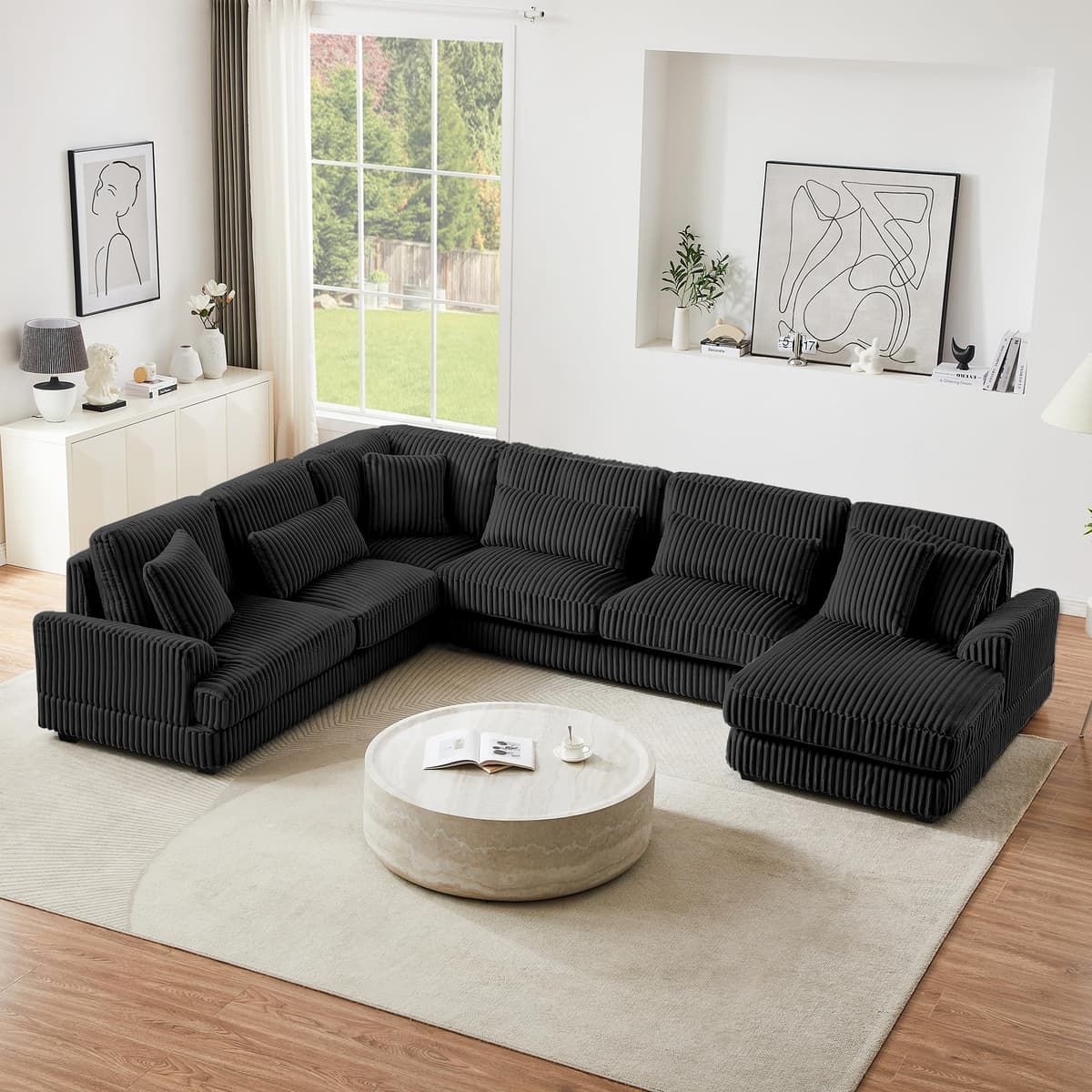 Merax Sofá Seccional en U de 129" Moderno 5 Plazas Tapizado con Chaise para Sala de Estar, Negro MX03332