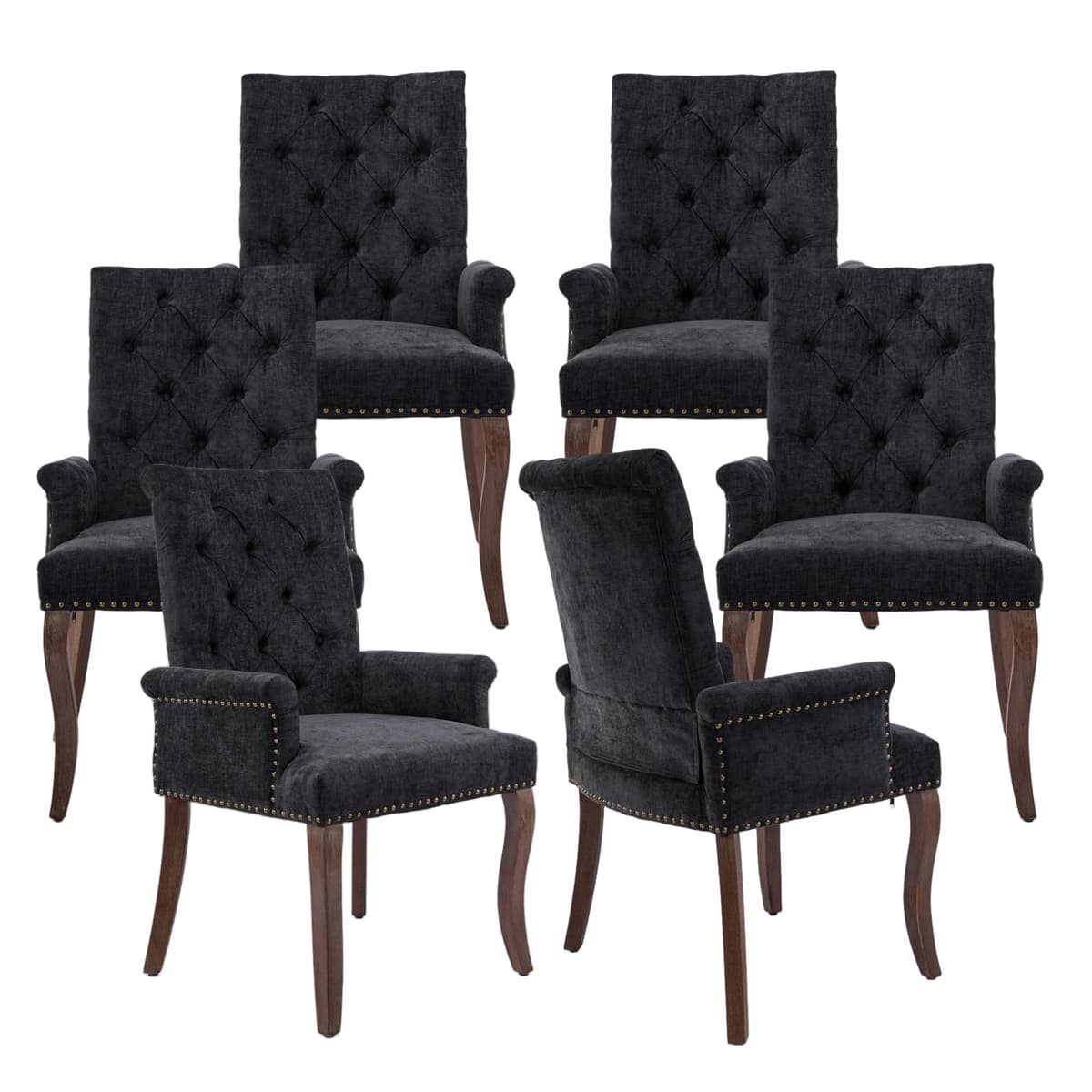 KIUMU Sillas tapizadas tufted de chenille con brazos y tachuelas - Juego de 6, Negro W1143P346927
