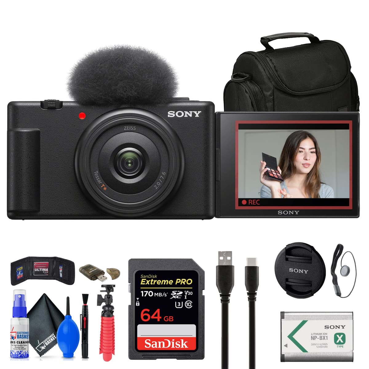 Cámara Vlogging Sony ZV-1F (Negra) (ZV1F/B) + Estuche + Tarjeta 64GB + Lector de Tarjetas + Trípode Flexible + Cartera para Tarjetas + Sujetador de Tapa + Kit de Limpieza (Reacondicionada) ZV1FB_EDIRE_1