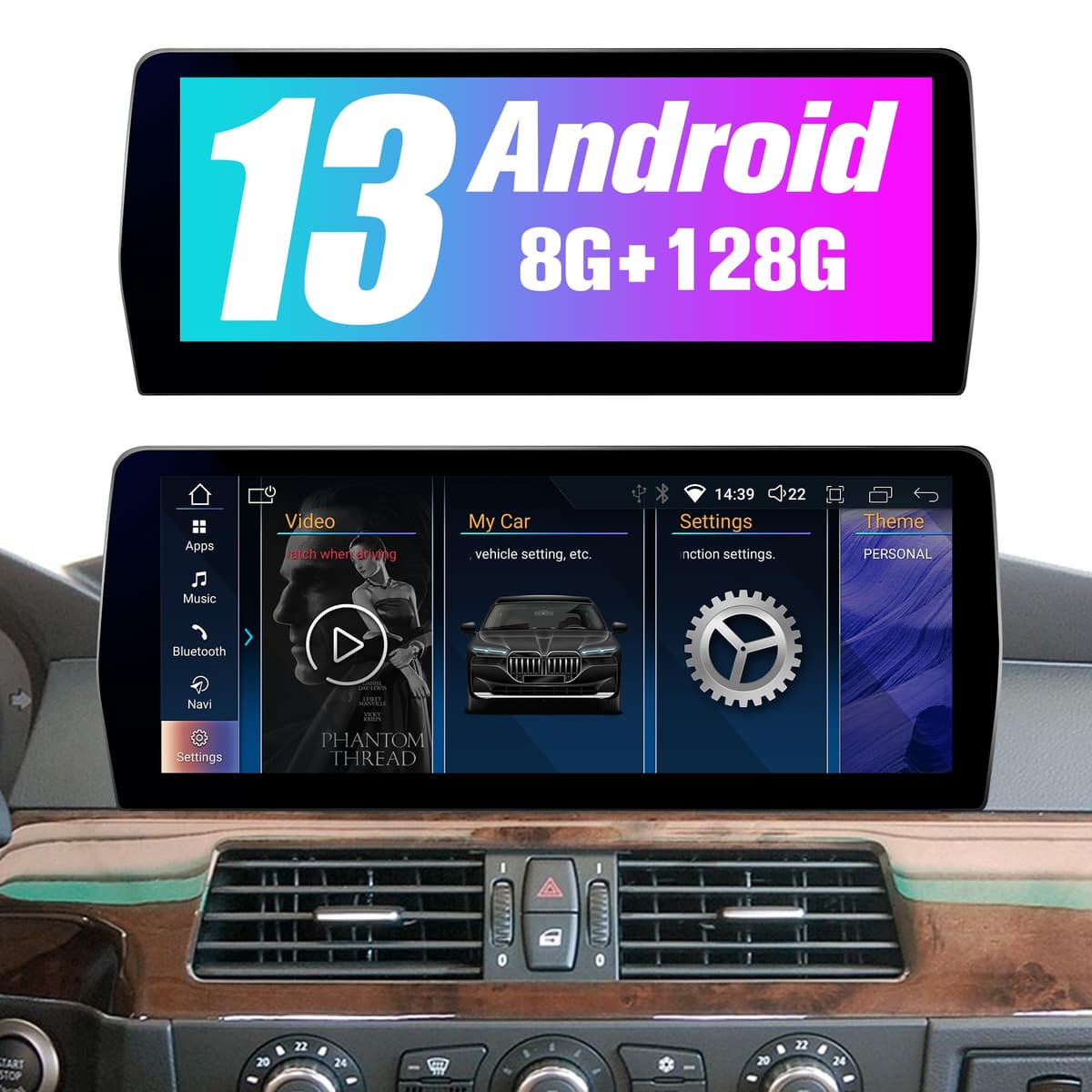 Pioowirk Estéreo para E60 CIC: Unidad principal de coche 8+128GB con Bluetooth y CarPlay para BMW E61 E64 E63 2006-2012, pantalla táctil auxiliar de 12.3" sistema Android con cámara trasera GPS compatible con Apple LF12E60CIC-128G