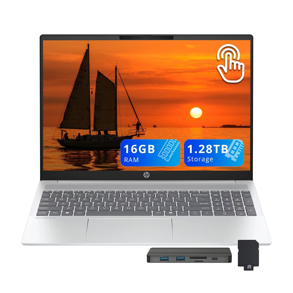 HP OmniBook 5 de 16" WUXGA con pantalla táctil, Intel Core Ultra 7 255U, 16 GB LPDDR5, 1.28 TB de almacenamiento (1 TB SSD + 288 GB en estación de acoplamiento), gráficos Intel, Copilot, teclado numérico, Wi-Fi 6, Windows 11, plateado