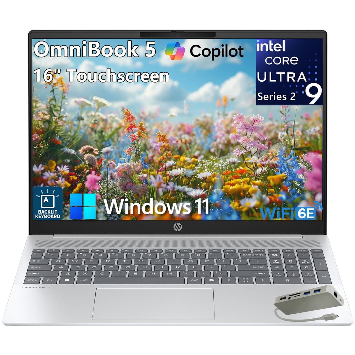 HP OmniBook 5 computadora portátil con pantalla táctil, PC con IA, Intel Ultra 9 285H, 32 GB LPDDR5X 5600 MT/s, 1 TB SSD PCIe, 16" FHD+, Bluetooth 5.3, teclado retroiluminado, Windows 11 Home, Glacier Silver, concentrador Type-C