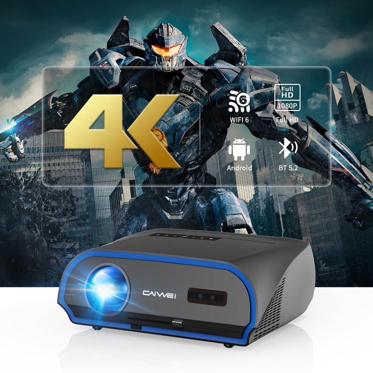CAIWEI Proyector Inteligente 4K 1800 ANSI Lúmenes para Visualización Diurna, WiFi6/Bluetooth 5.2/NFC, Proyector de Cine en Casa Exterior de 300" con Aplicaciones YouTube, Transmisión 5G, HDR, Cine Full HD y Entretenimiento para Juegos A10