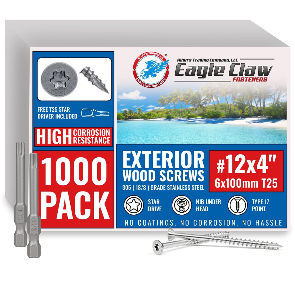 Allen's Trading Co. Eagle Claw Fasteners #12 x 4" Tornillos para deck 305 Grade (1000 pack) - Cabeza plana Torx T25, incluye 2 puntas 12 x 4 (1000) GS1