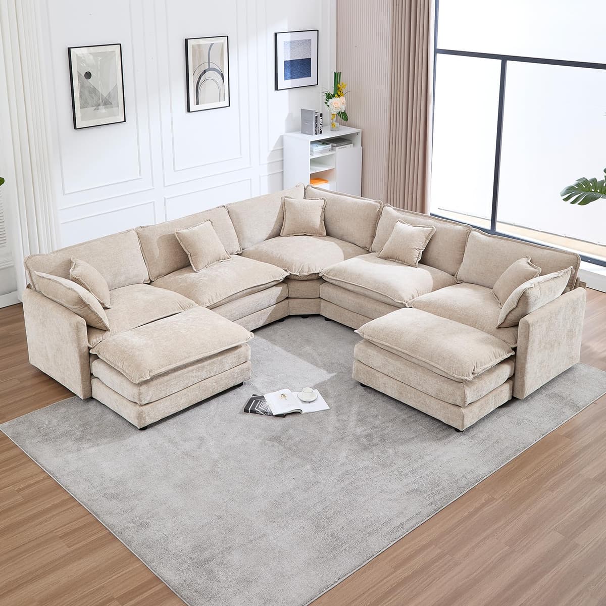 VEPXXP Sofá Seccional Modular Oversized en U con Ottoman - Chenille Camel, 7 Plazas, Convertible