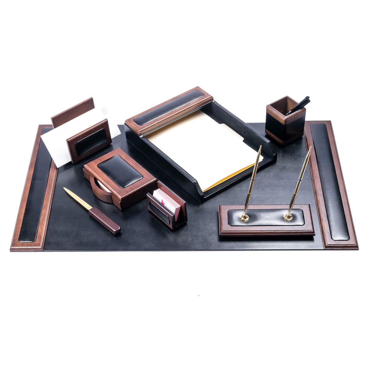 DACASSO Juego de Escritorio de Madera y Cuero - Alfombrilla de Cuero de Lujo y Esenciales de Organización de Escritorio - Organización de Oficina y Decoración Ejecutiva de Escritorio - (Nogal y Negro, 8 Piezas) D8412