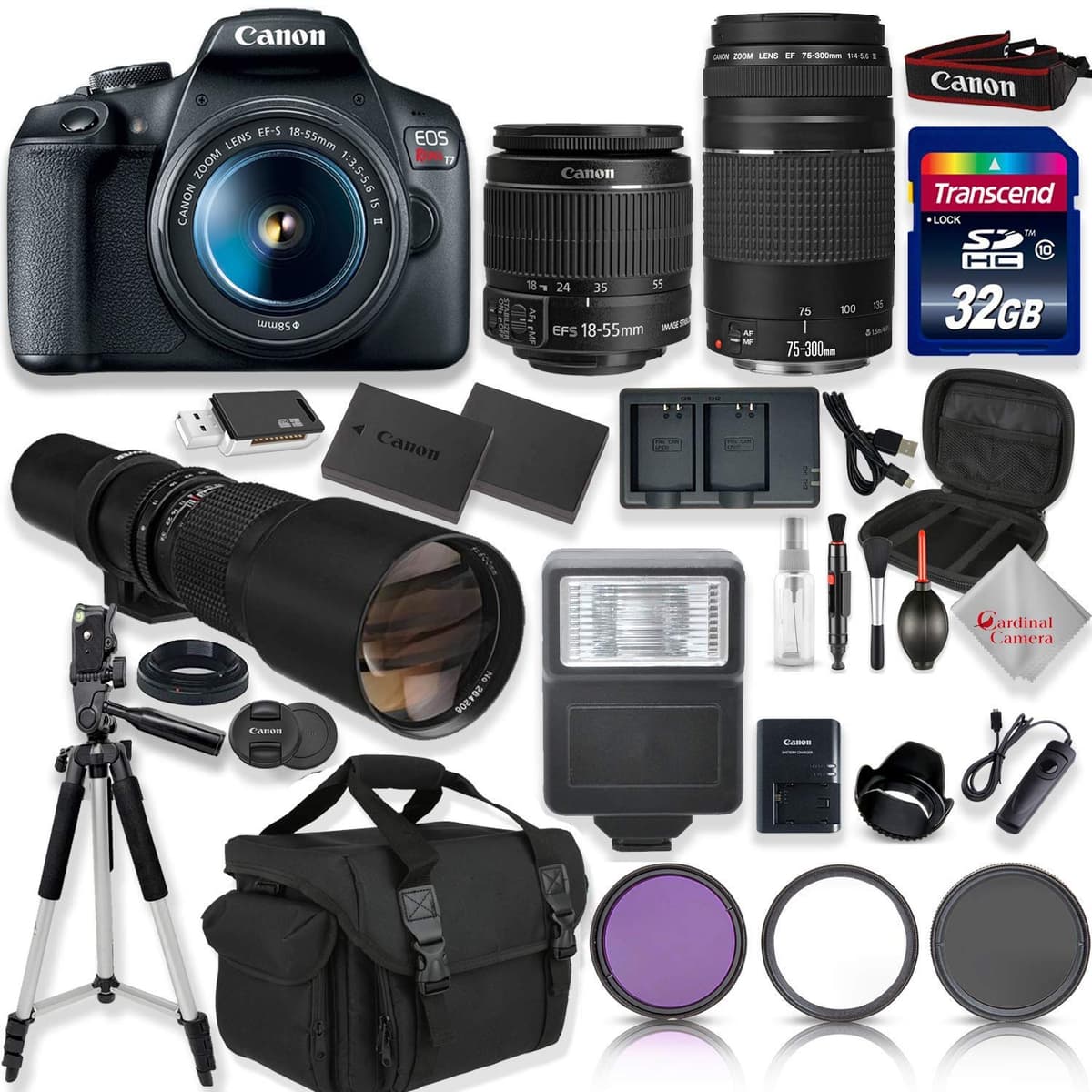 Canon EOS Rebel T7 DSLR Camera Kit con 18-55mm IS II, 75-300mm y accesorios CC-CANONT73-022619