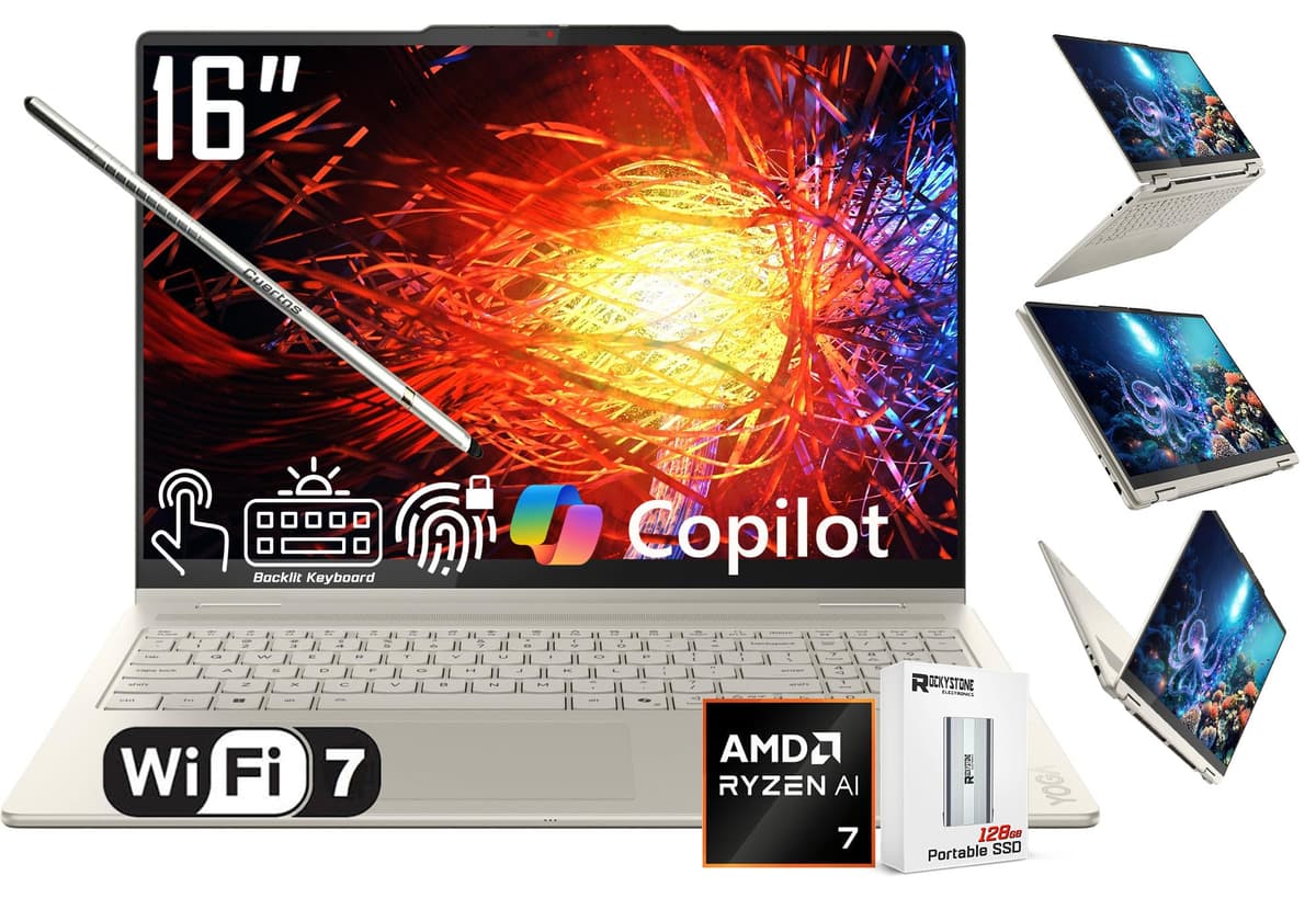 Lenovo Yoga 7 2 en 1 PC con Copilot+ AI, Laptop 16" LCD táctil 2K, AMD Ryzen AI 7 350 de 8 núcleos, 16GB LPDDR5X, SSD 2TB, WiFi 7, teclado retroiluminado, lector de huellas, webcam 1080p, con 128 PSD, Windows 11 Home SF20250911B0FGCJBF71_B0FGCJBF71_1_0VInQE