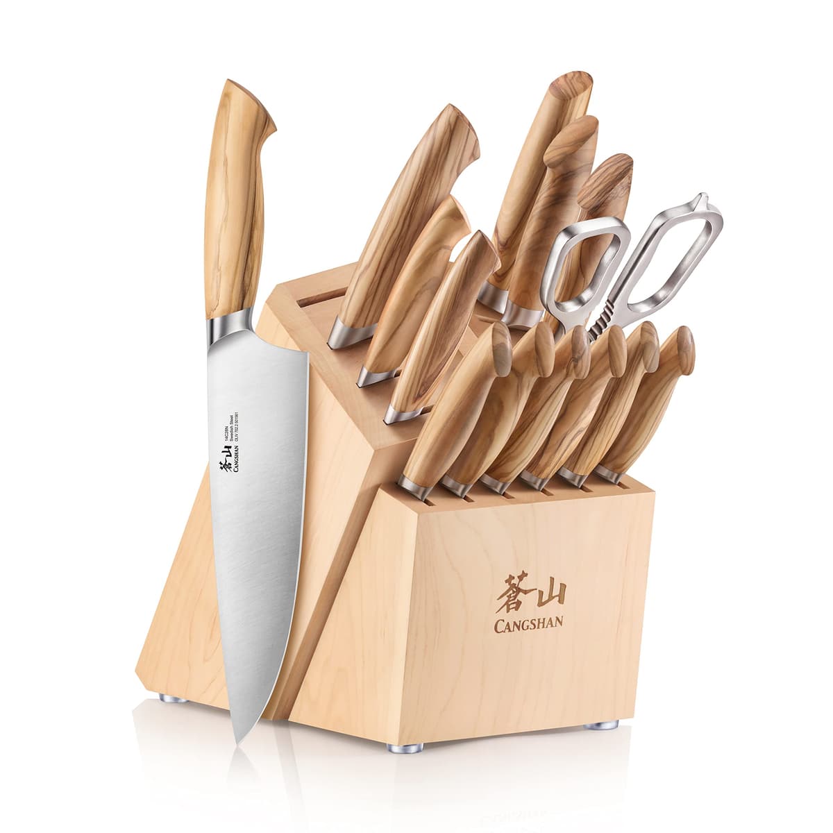 Cangshan OLIV Set de cuchillos 15 piezas con bloque de maple y acero sueco 14C28N (501691)