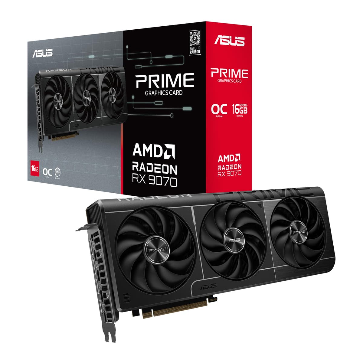 ASUS Prime Radeon RX 9070 Edición OC Tarjeta Gráfica (PCIe 5.0, HDMI/DP 2.1, Diseño de 2.5 ranuras, Ventiladores axial-tech, Rodamientos de bolas dobles, BIOS dual, GPU Guard) PRIME-RX9070-O16G