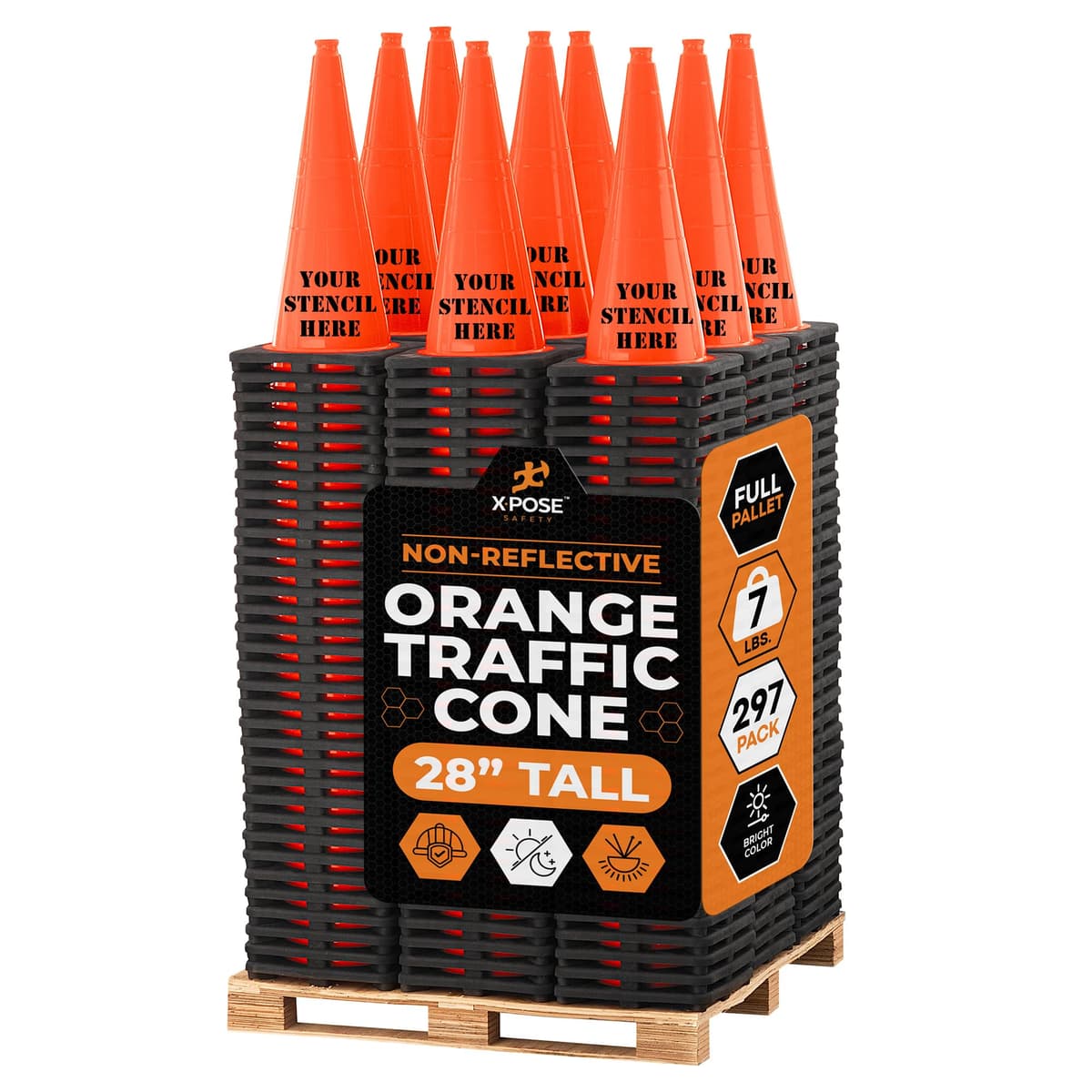 Xpose Safety Conos de Tráfico Naranja 28" - Pallet Completo 297 Unidades, PVC, Base Negra, Aprobado DOT OTC28-FP297-X