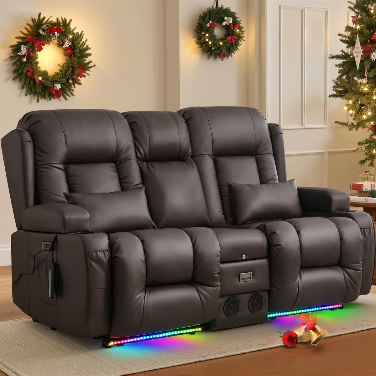 Sofá loveseat reclinable TUNYI con masaje, calor, consola y altavoces (Marrón, Loveseat) TUNYIPRST01