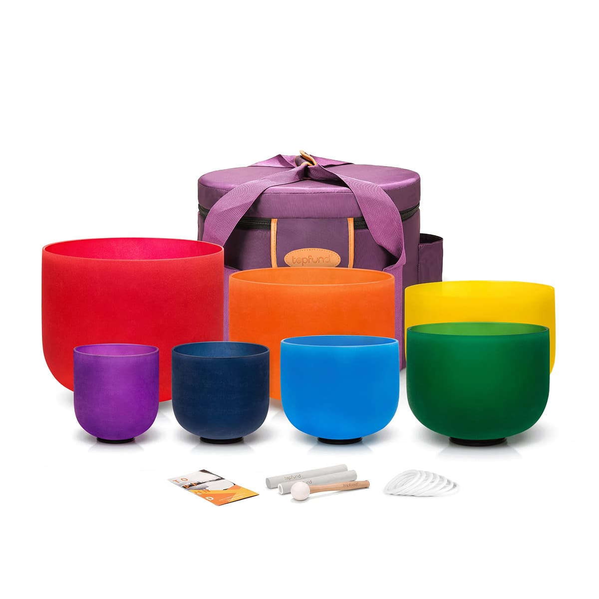 Set TOPFUND de 7 cuencos cantores de cristal 6-14" con mallets y estuche Set of 7 Color Singing Bowls 6-14 inch