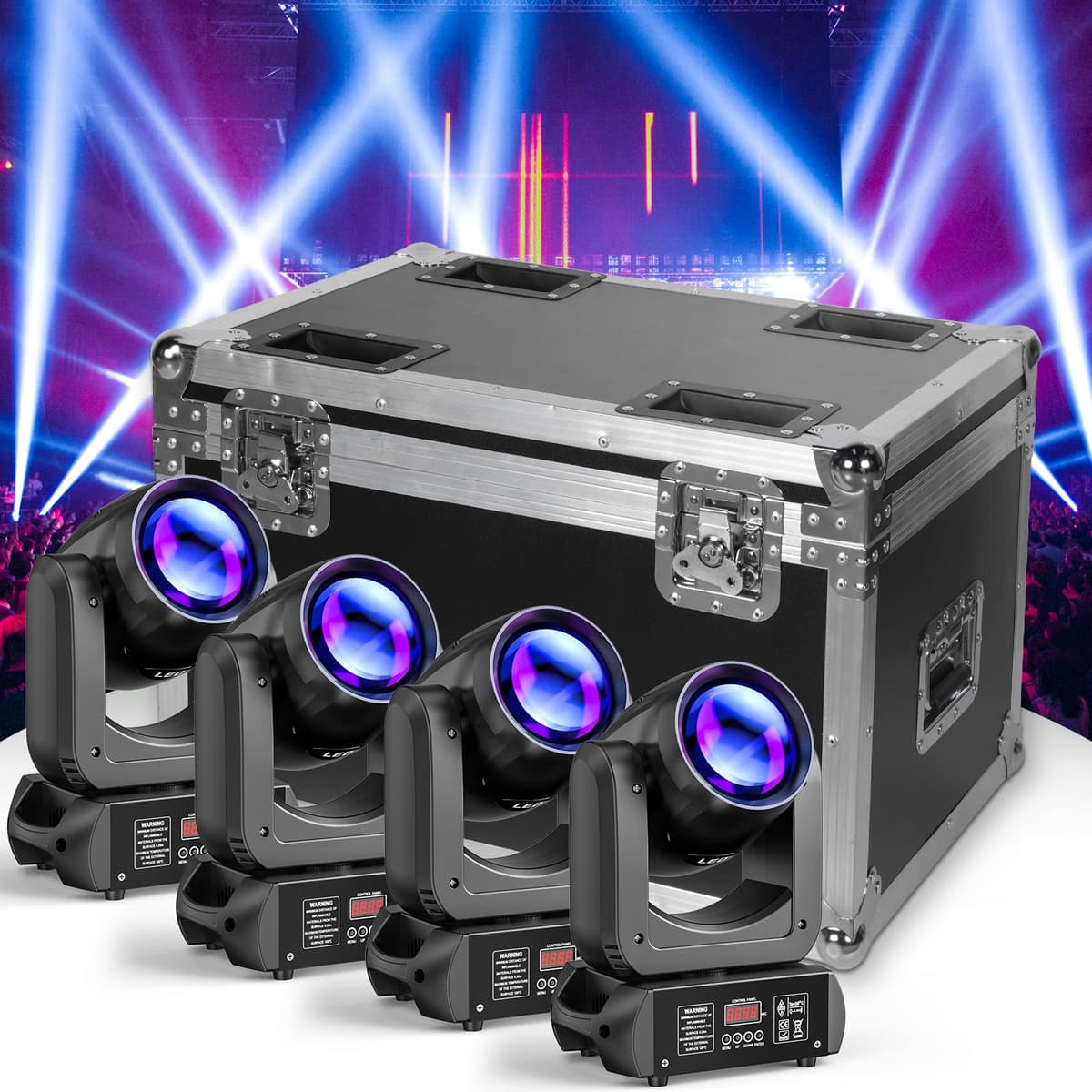 WZYBUTA 4Pcs 150W Moving Head Lights con flight case, prismas 18 caras, DMX, 8 GOBO, 8 colores para DJ y eventos ZQ02341+ZQ15034