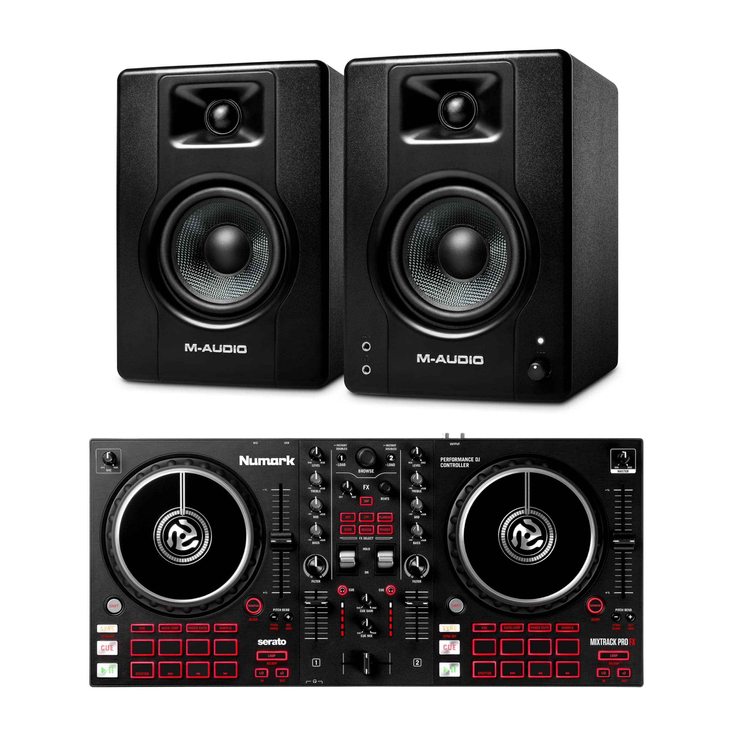 Numark Mixtrack Pro FX DJ Controller con monitores M-AUDIO BX4 para estudio