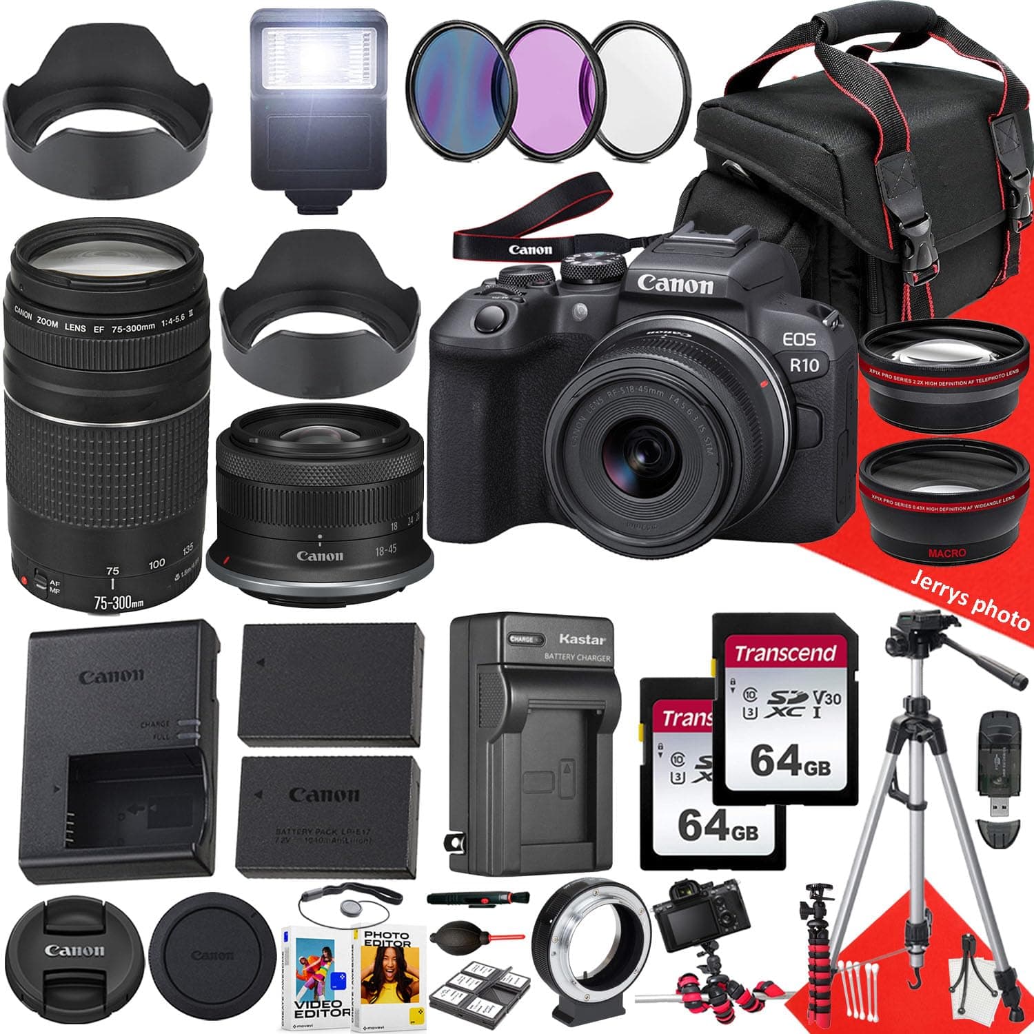 Canon EOS R10 Mirrorless + RF-S 18-45mm + EF 75-300mm + Kit 34 piezas + 128GB (Reacondicionado) EOS-R10CAM-020794-3-cr