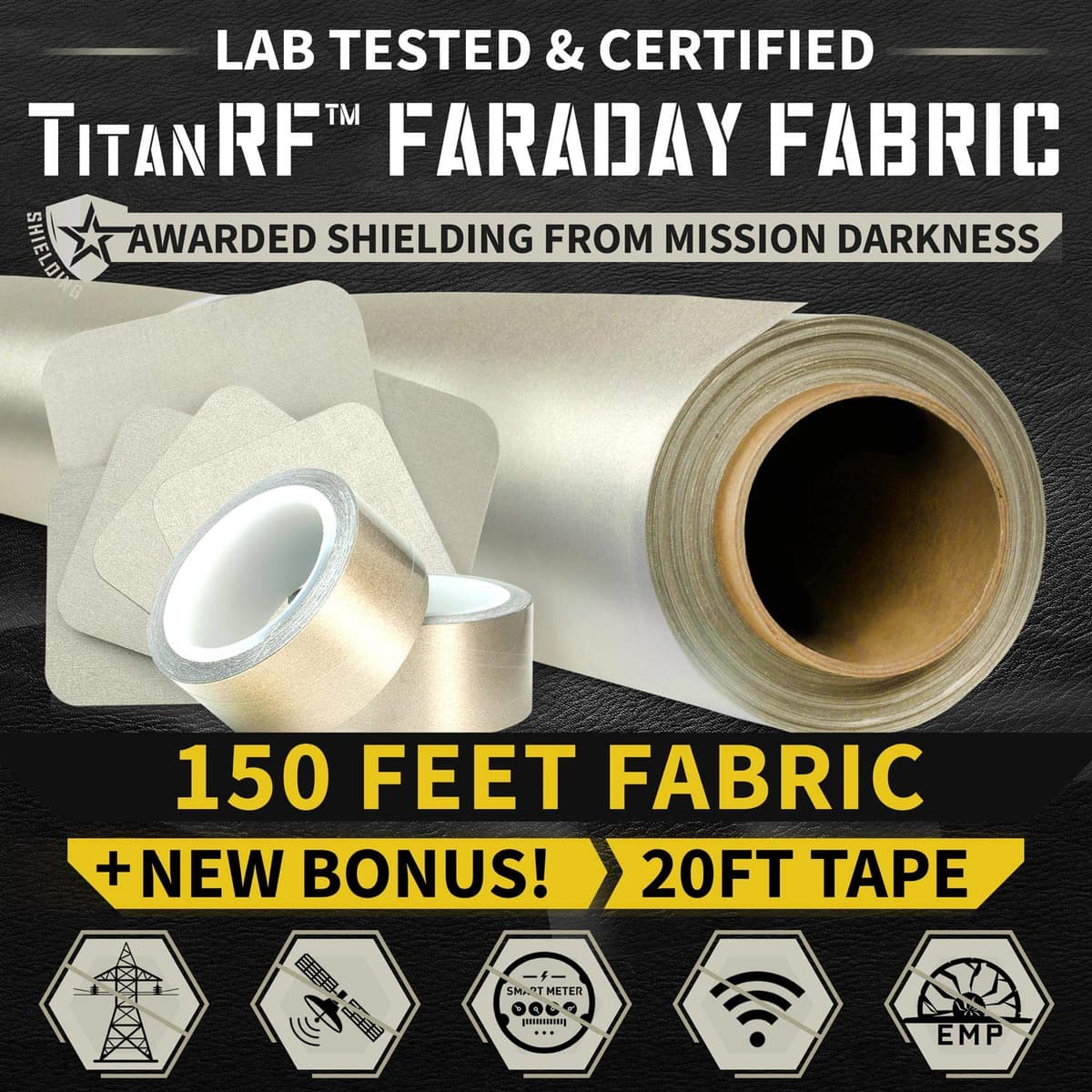 Kit de Construcción Pro de Tela Faraday TitanRF Mission Darkness 50 Yardas Tela 44" de Ancho x 150' de Largo + Cinta de 20' Material Conductivo de Grado Militar Bloquea Señales RF, WiFi, Celular, Bluetooth, RFID, EMF MDFF-TRF-PRO50