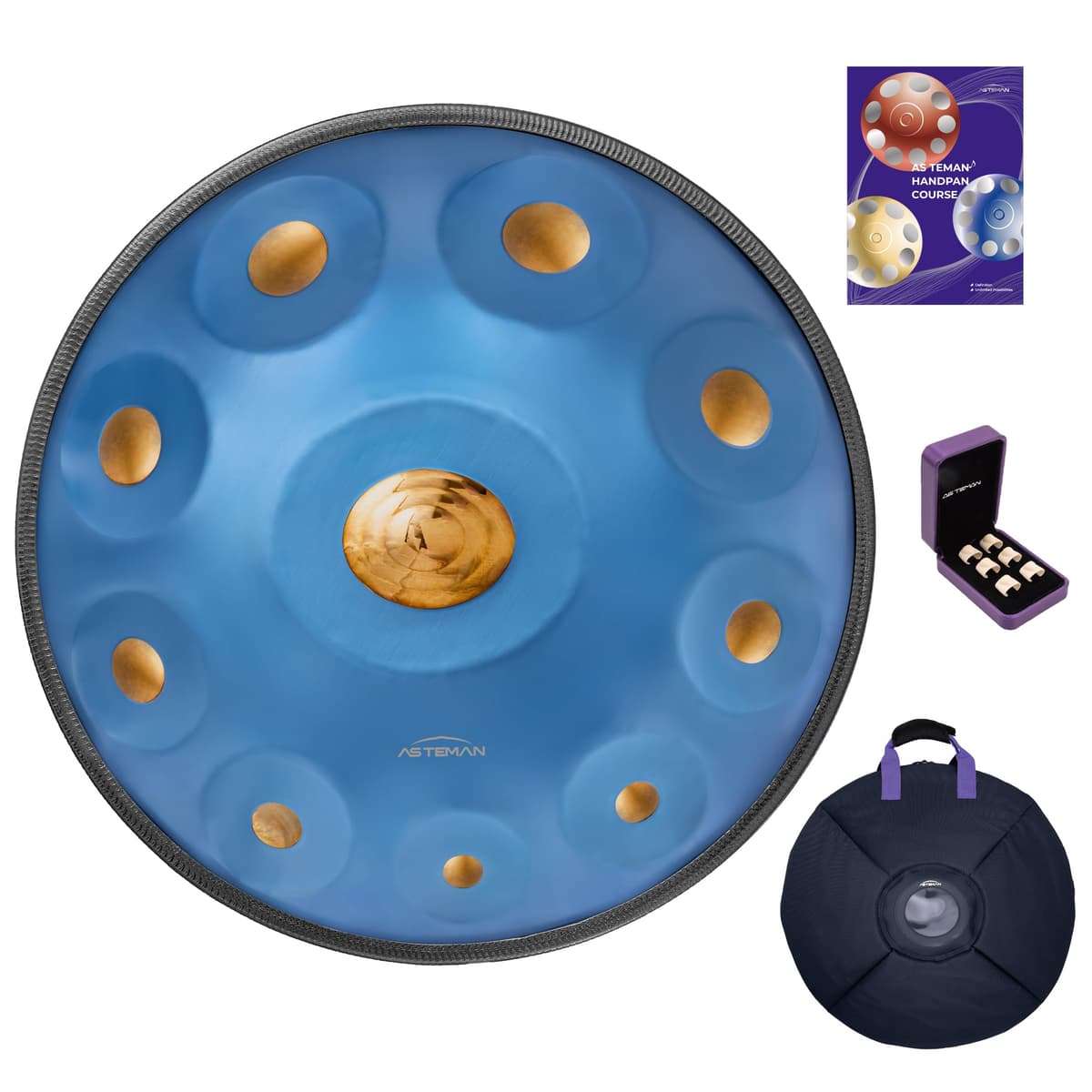 Handpan ASTEMAN en Re menor, 22 pulgadas con 10 notas, incluye mochila, cursos, protectores de dedos, soporte, paño de limpieza y dos mazas. (BIUE, 440 Hz)