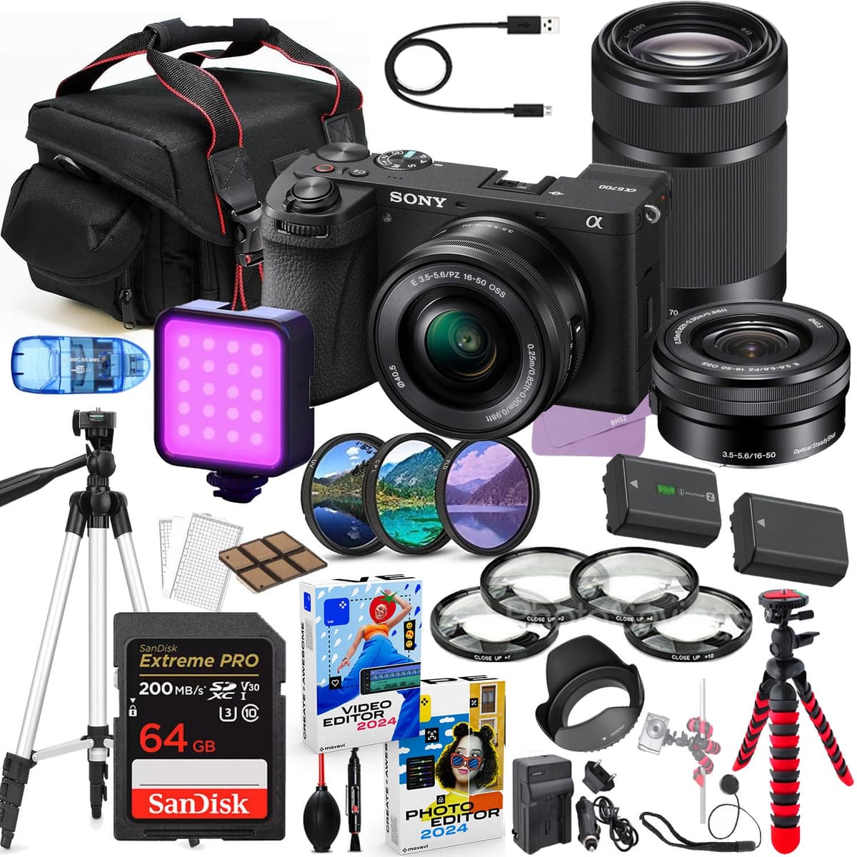 Sony a6700 Mirrorless con 16-50mm y 55-210mm + paquete de accesorios (64GB y más, 34 piezas) BH52-SYA67002LK-3525