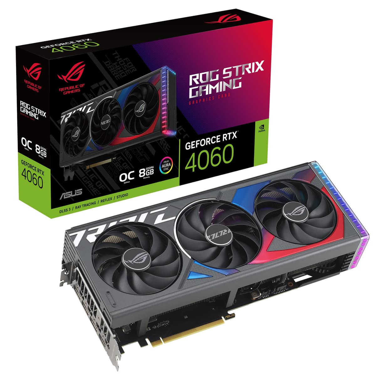 Tarjeta de Video ASUS ROG Strix GeForce RTX 4060 OC Edition para Gaming (PCIe 4.0, 8GB GDDR6, DLSS 3, HDMI 2.1a, DisplayPort 1.4a, Ventilador Axial-tech, Aura Sync, Tecnología 0dB) ROG-STRIX-RTX4060-O8G-GAMING