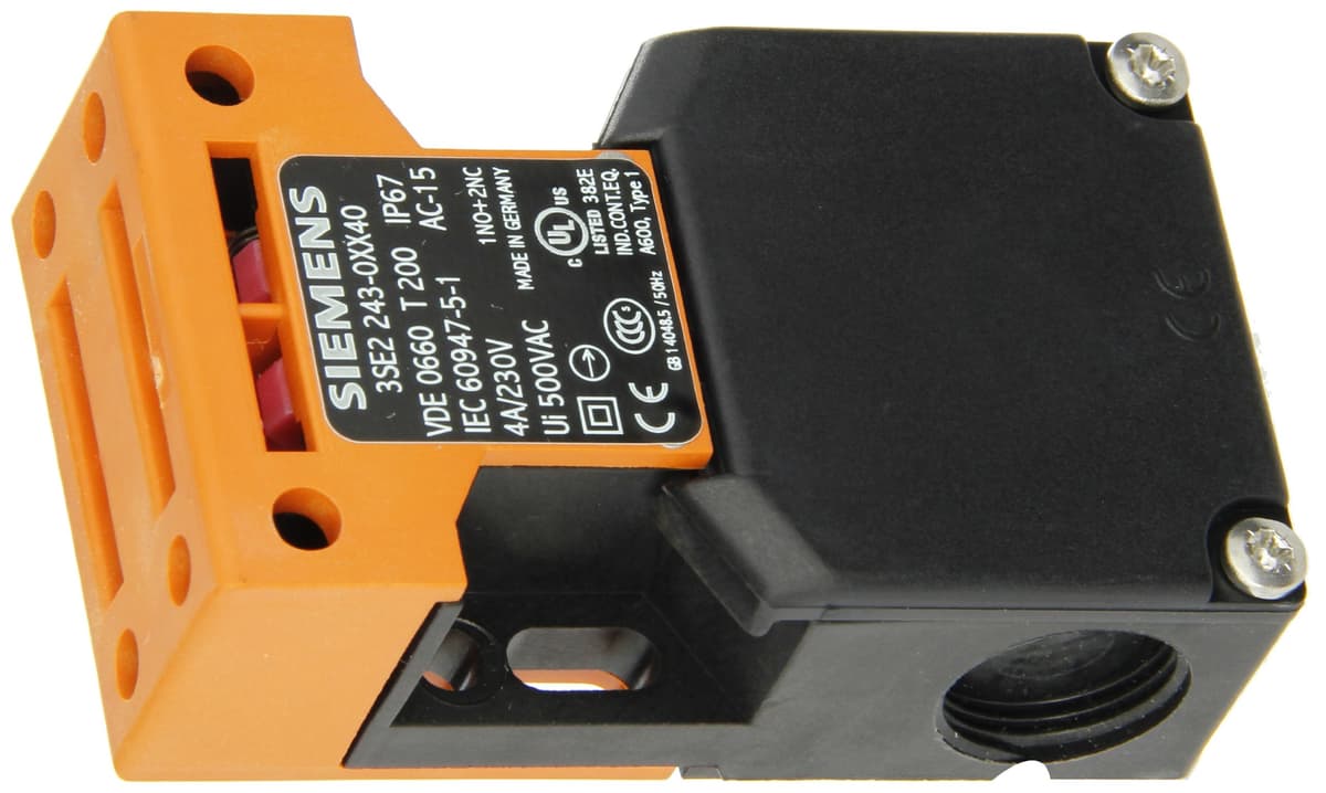 Siemens 3SE2 243-0XX40 Interruptor de enclavamiento, carcasa plástica 52 mm, 1 NO + 2 NC, fuerza de extracción 5 N