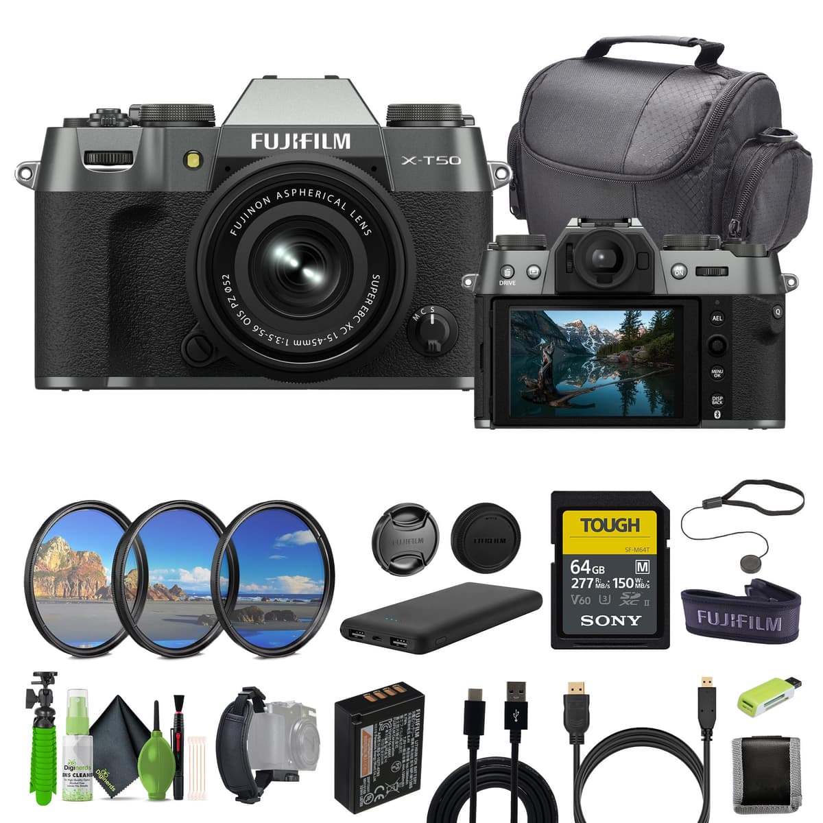Fujifilm X-T50 Mirrorless Cámara Charcoal Silver con Lente XC15-45mm y Accesorios 16828959-AG2