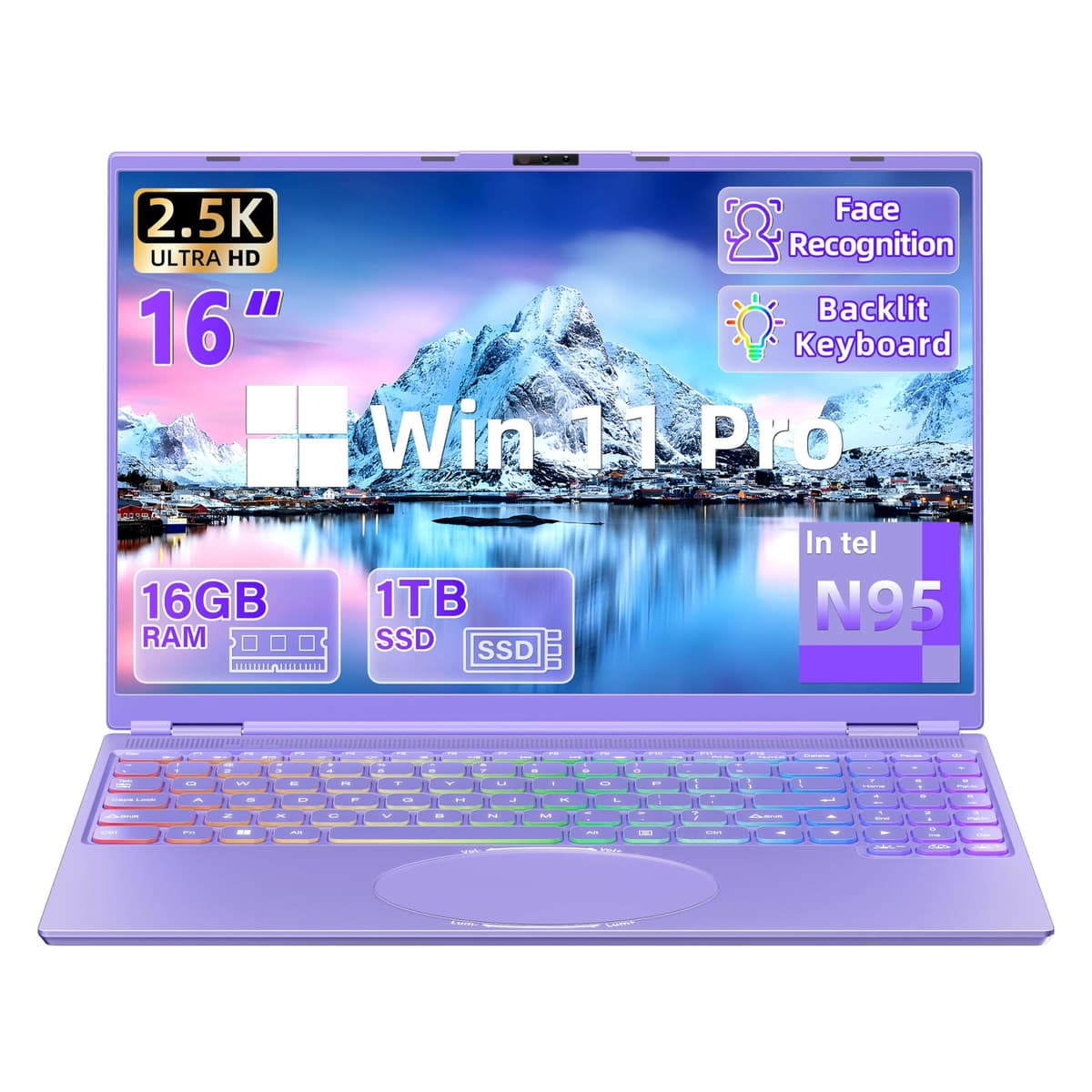 Svikou Laptop púrpura de 16", bisel ultrafino, 2.5K QHD IPS (2560x1600), Quad-Core N95 (3.4GHz), 16GB RAM 1TB SSD, teclado con retroiluminación de color, desbloqueo facial, USB-C/HDMI/cámara web, Windows 11 Pro, para trabajo/estudio/entretenimiento DQ160