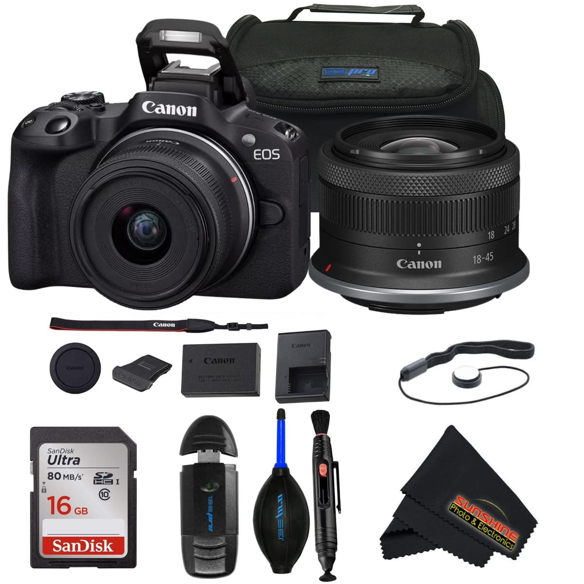 Canon EOS R50 cámara sin espejo para vlogs (negra) con objetivo RF-S18-45mm F4.5-6.3 IS STM (renovada) (cámara con objetivo RF-S18-45mm + paquete Sunshine Basic) 5811C012
