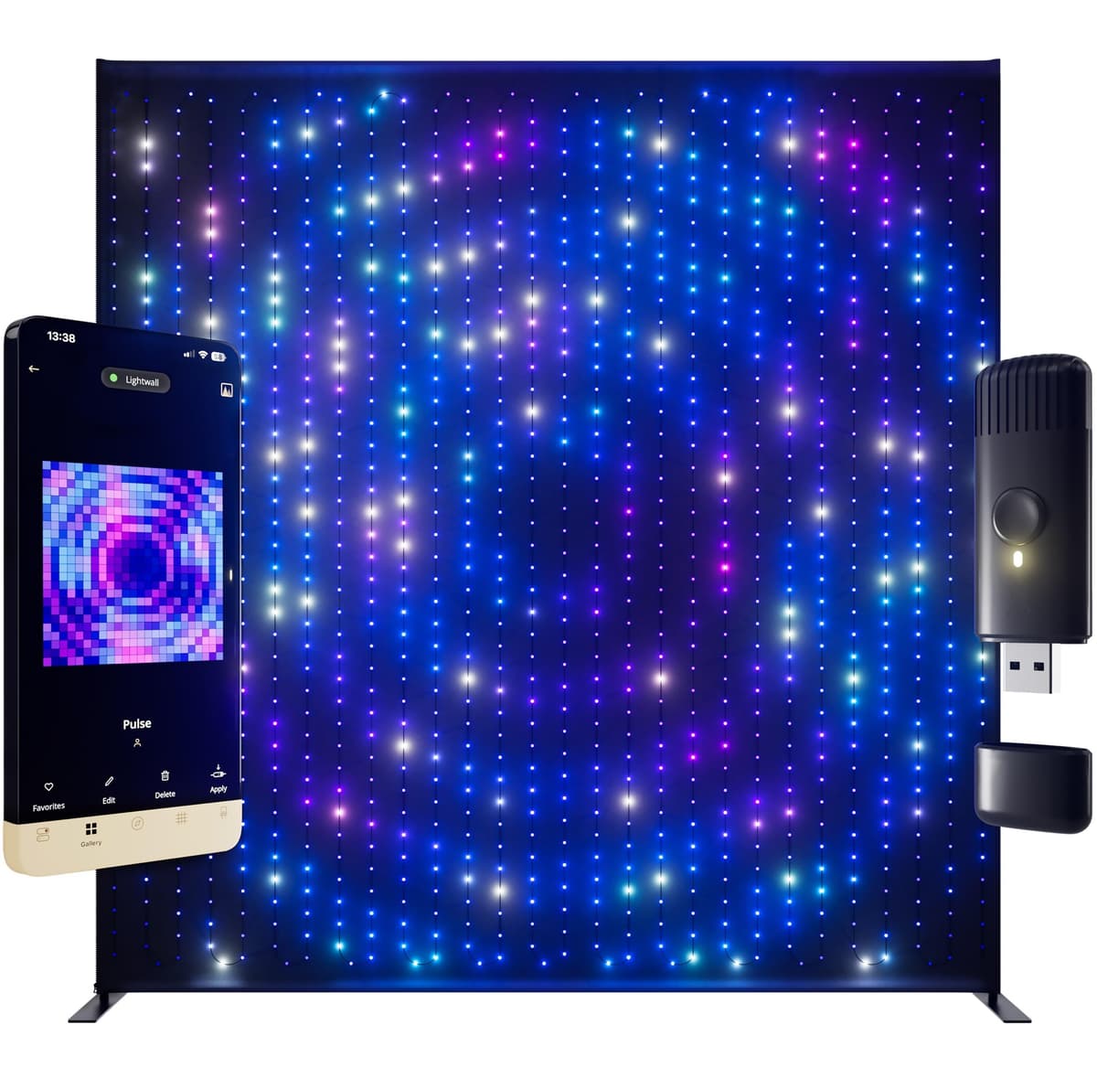 Twinkly Lightwall 8.6 x 9 ft con Fondo Negro, Soporte y Dongle de Música TWDJ1120STP-BUS