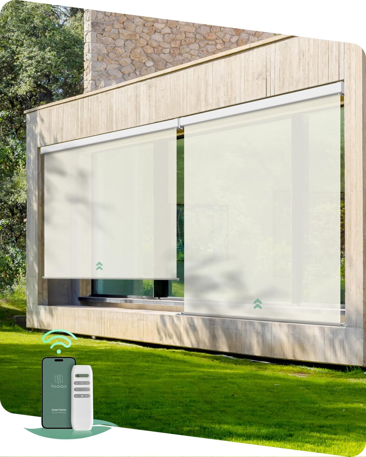 Yoolax Cortinas Motorizadas para Exterior - Pantallas retráctiles inteligentes 8x8 ft (3% Openness Beige)