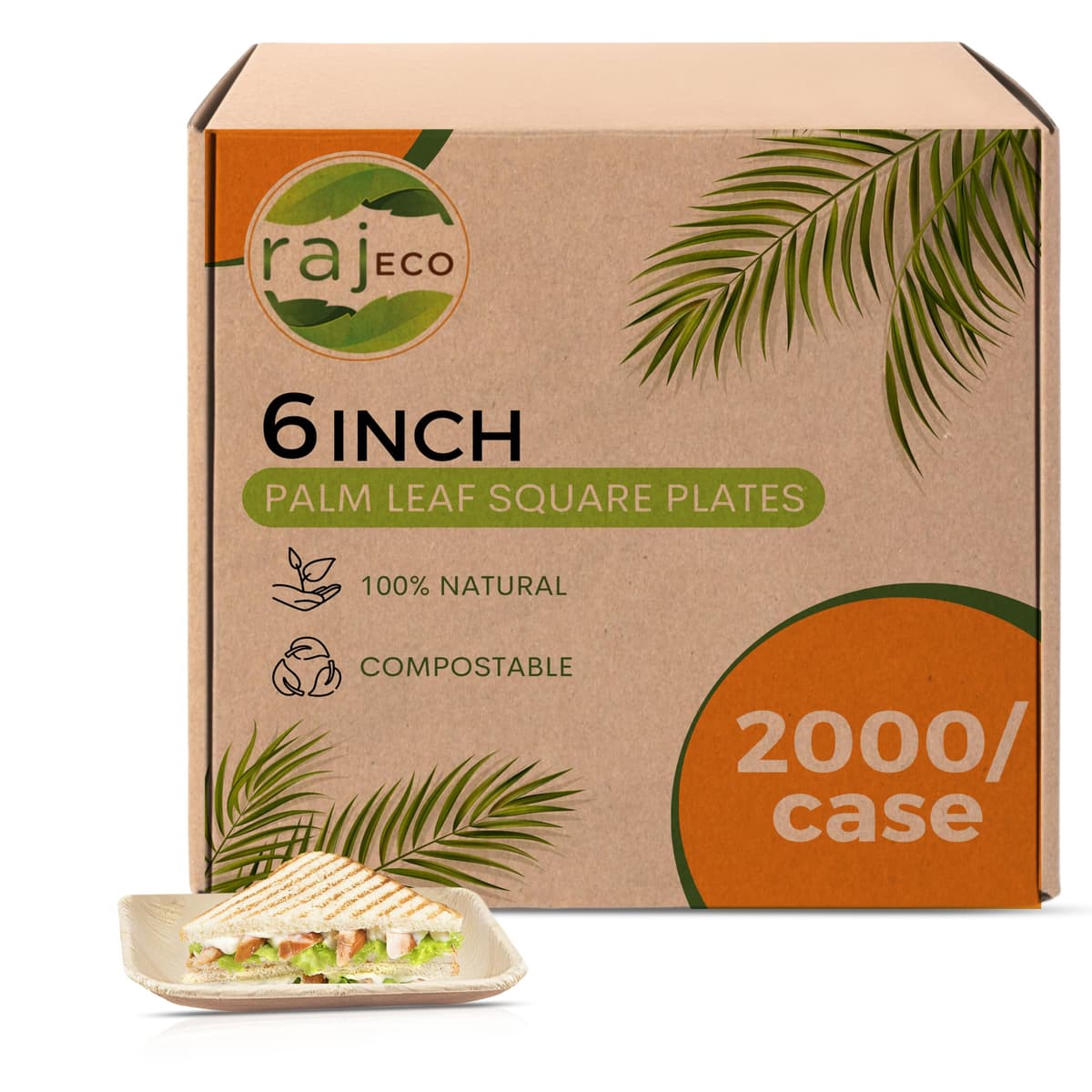 Raj Palm Leaf Plates 6" Square - Pack x50 (40 cajas = 2000 unidades) Compostables